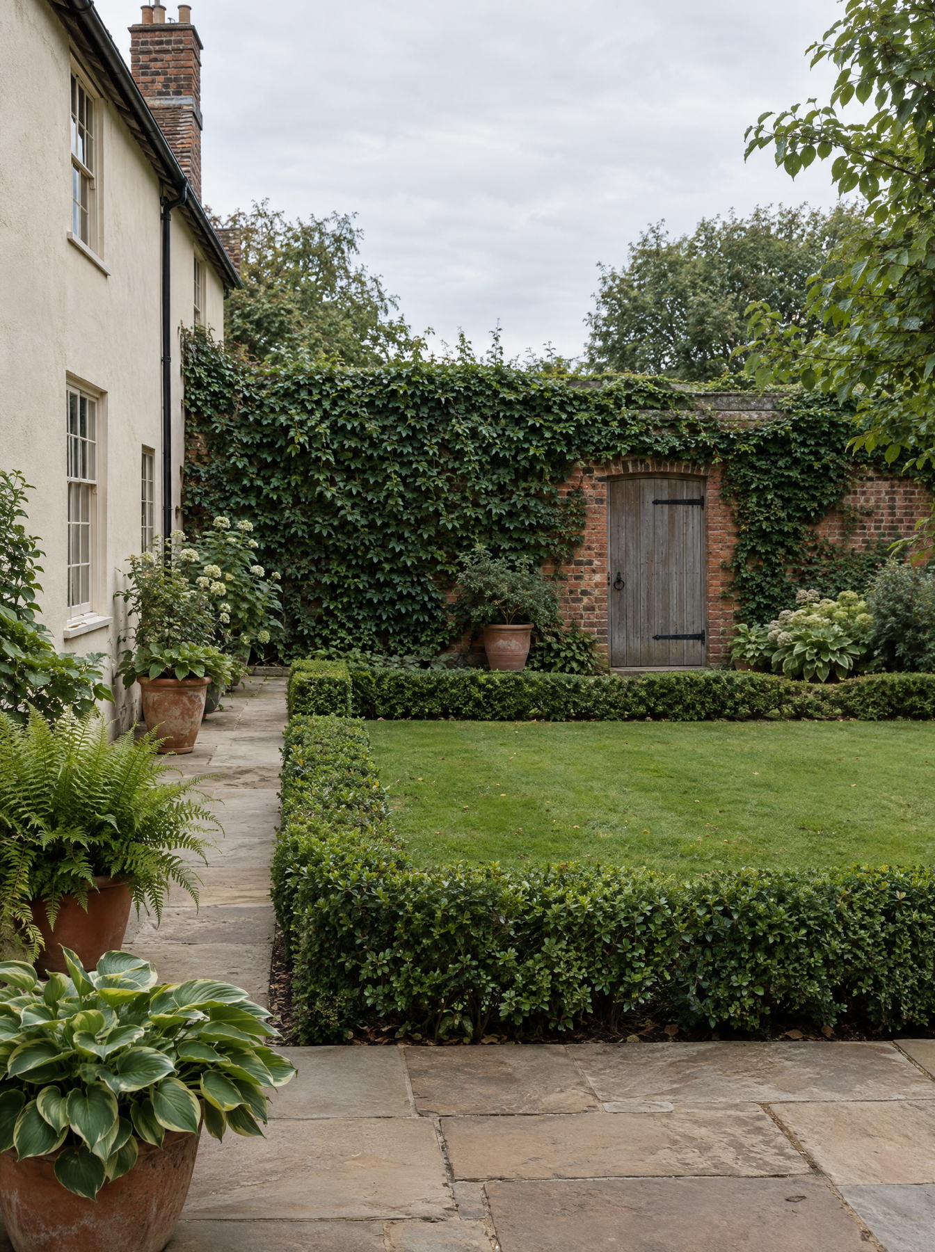 Walled courtyard garden with clipped box hedges, ivy covered brick walls and swept stone paving