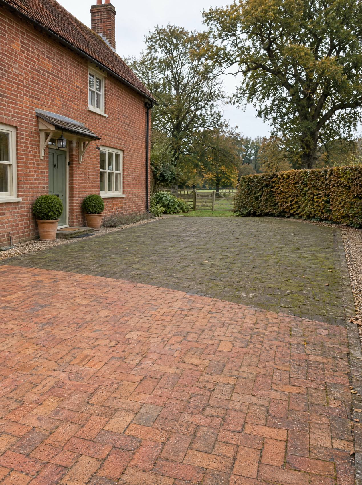 Block paved farmhouse drive part way through cleaning, the near half washed back to warm red brick and the far half still green with moss