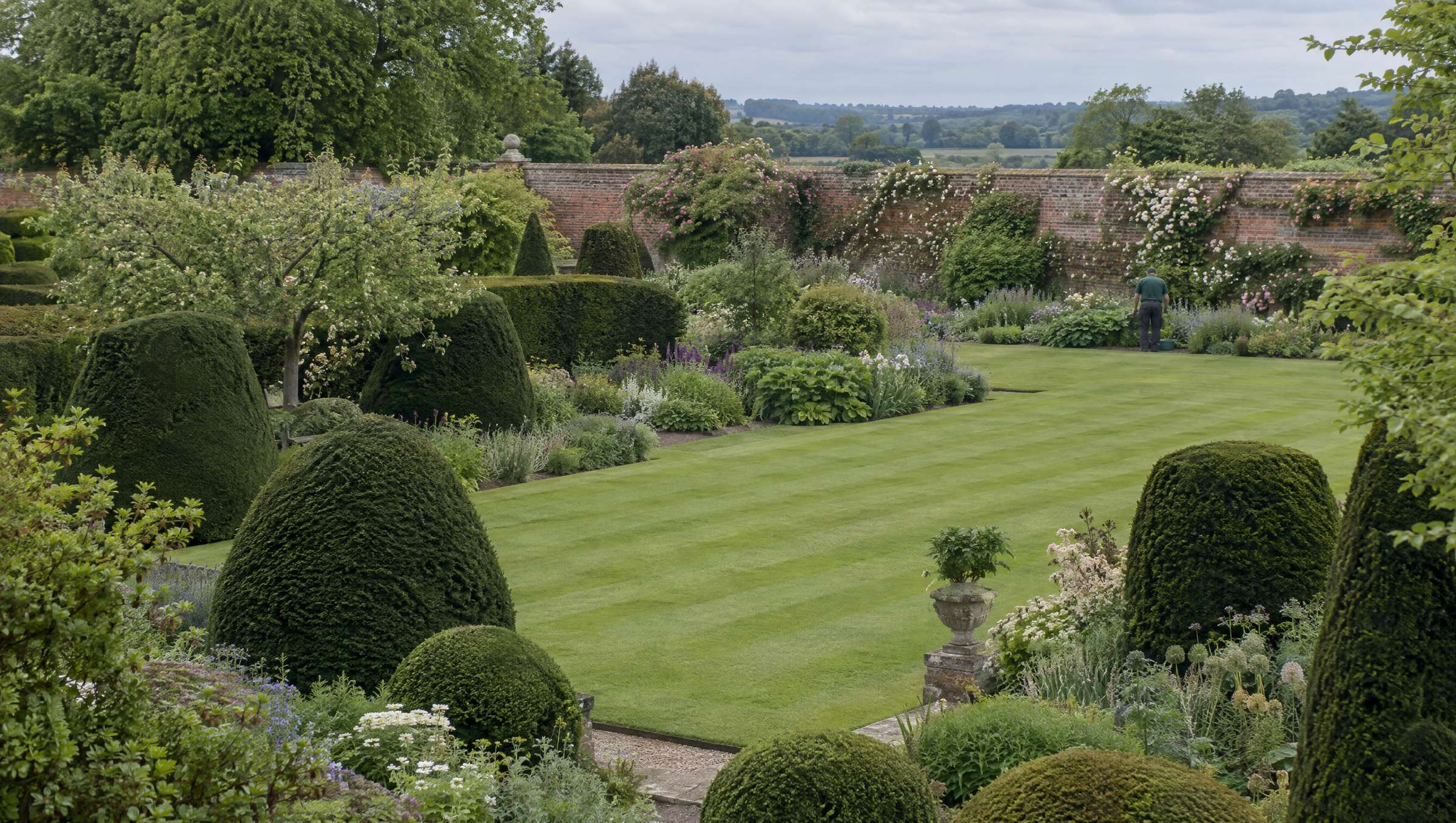 Large established country garden in late spring with clipped yew topiary, generous herbaceous borders and a broad striped lawn