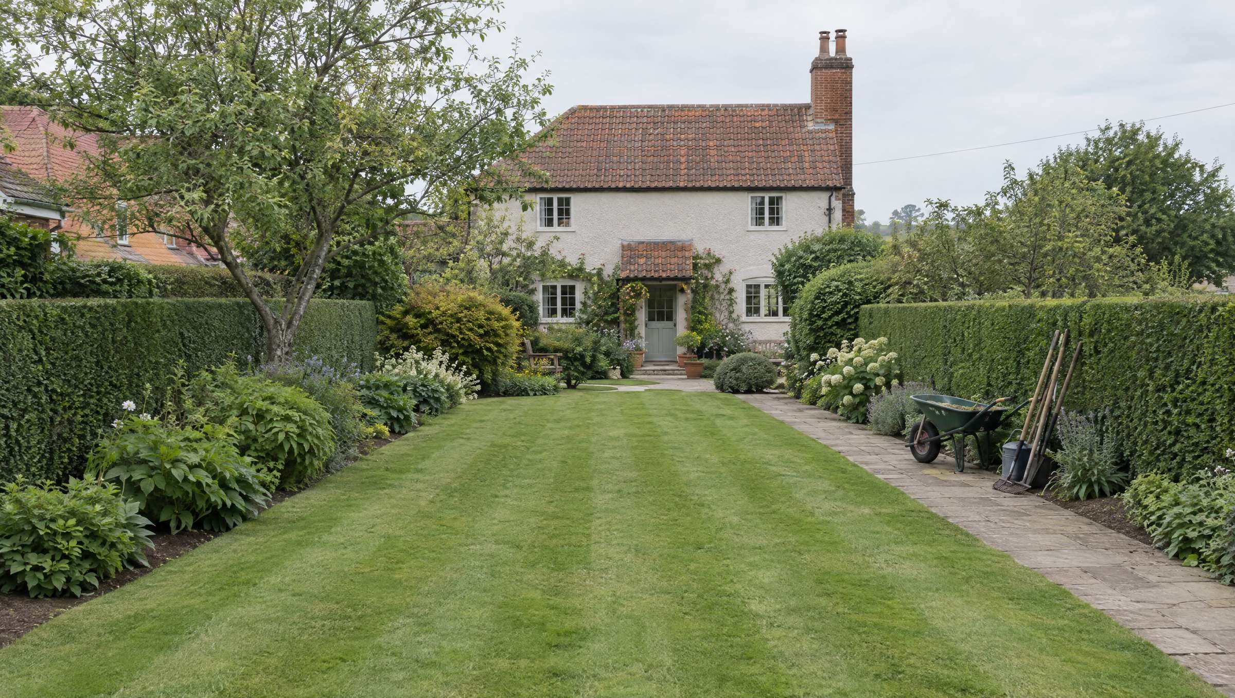 Suffolk garden seen from the end of a long lawn, hedges cut to a clean line and borders tidy, looking back at a pantile roofed cottage