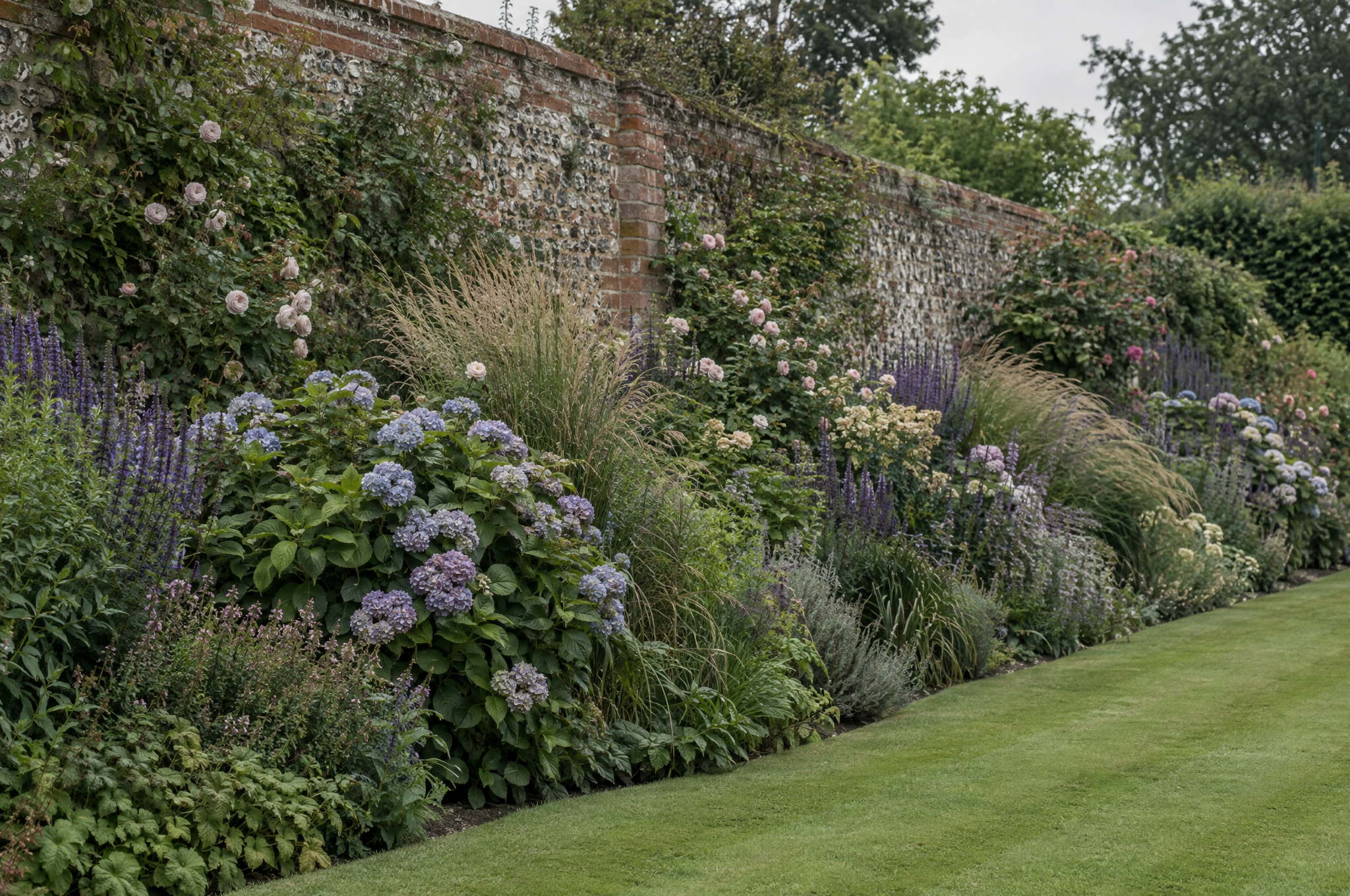Deep mixed English border in full late summer growth, backed by a flint and red brick wall with a crisply edged lawn in front