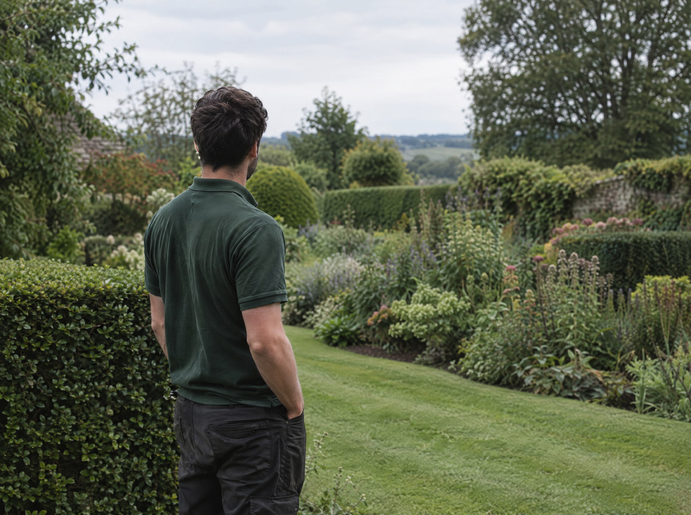 Gardener standing at the edge of an established Suffolk country garden, clipped hedging and a deep planted border behind him