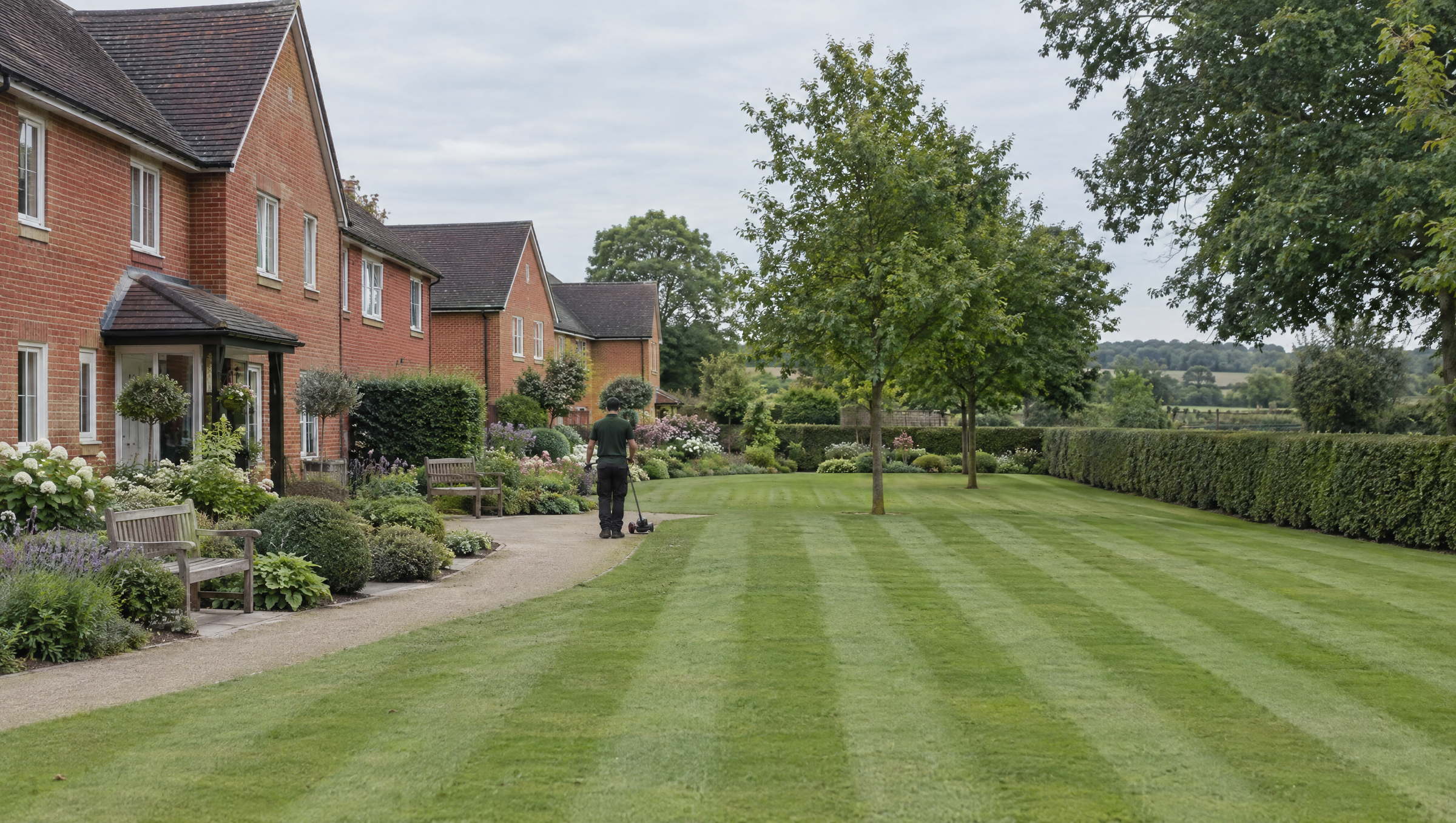 Communal grounds of a red brick residential complex in the Suffolk countryside, with broad striped lawns and long clipped boundary hedging