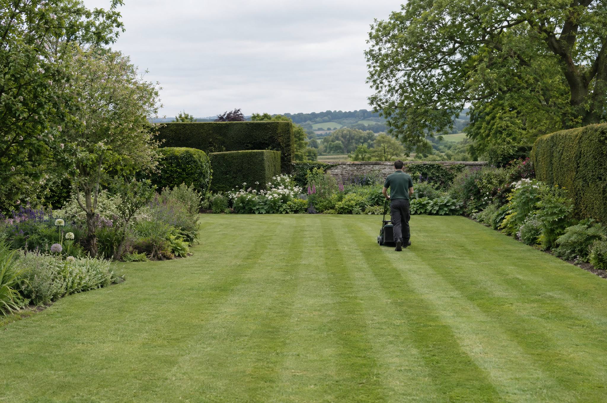 Gardener mowing a large lawn in an established country garden, clean stripes laid behind the mower