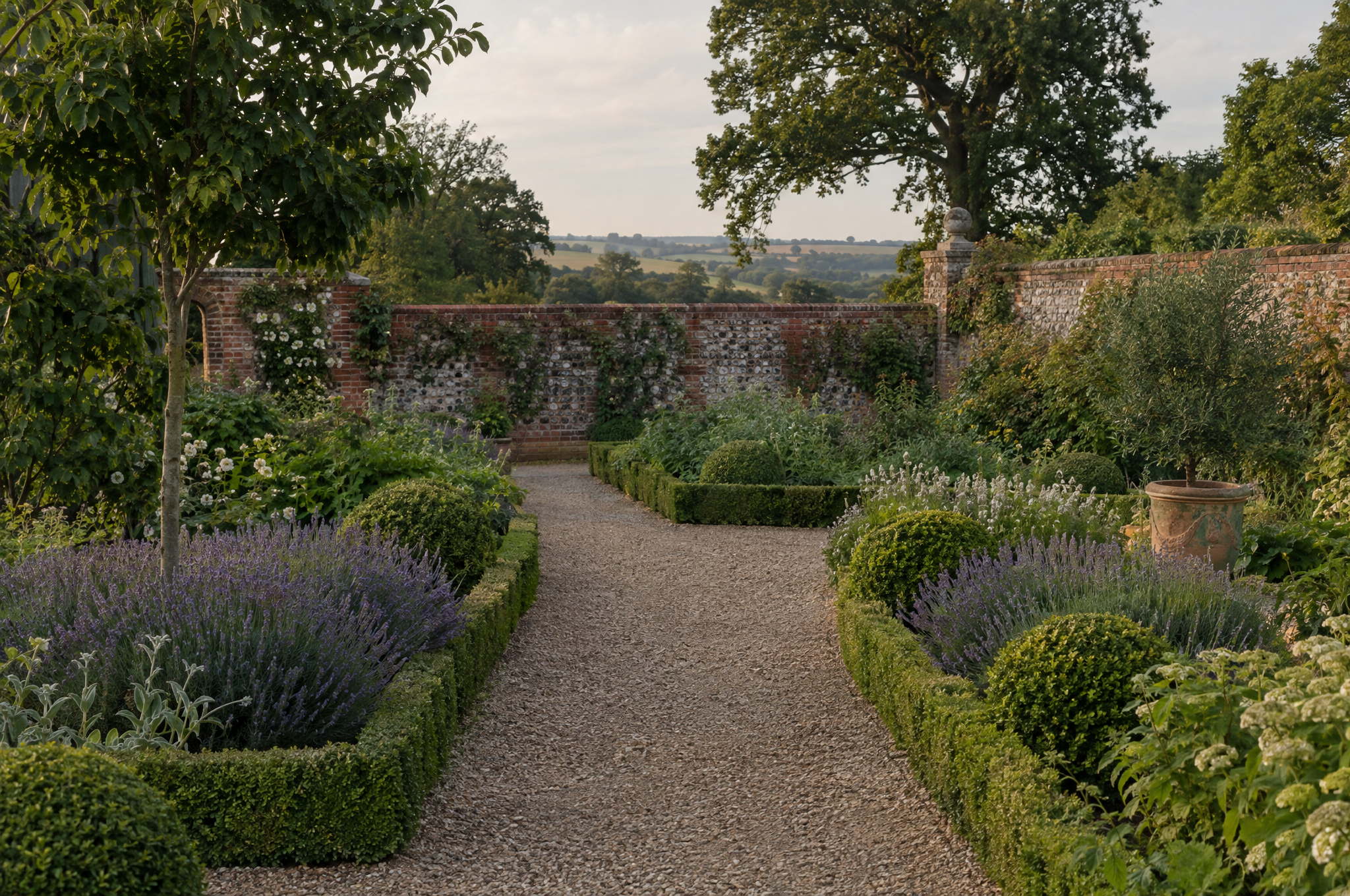 Weed free gravel path running between well shaped beds in late afternoon light