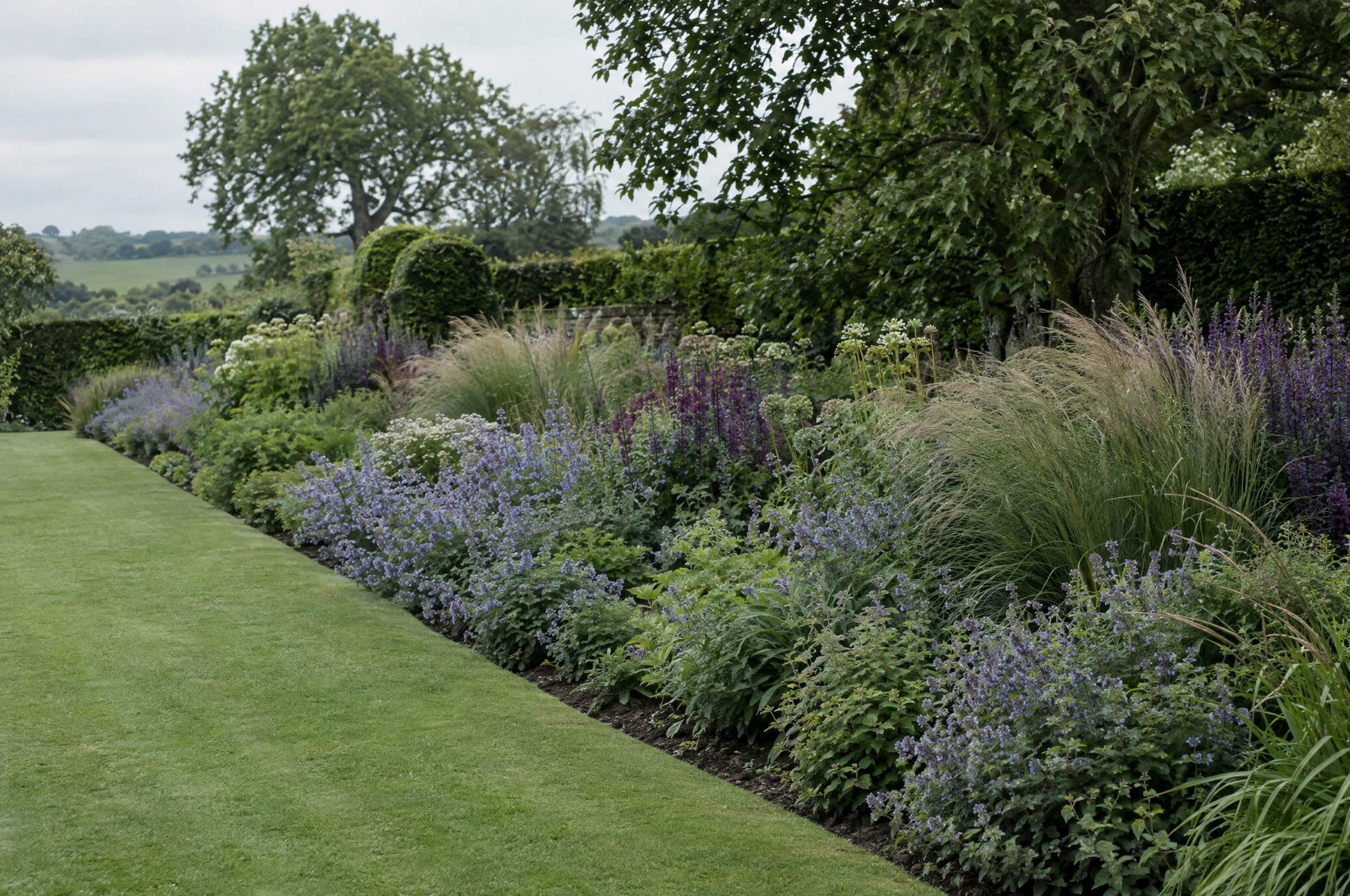 Clean cut lawn edge meeting a deep planted border in a country garden