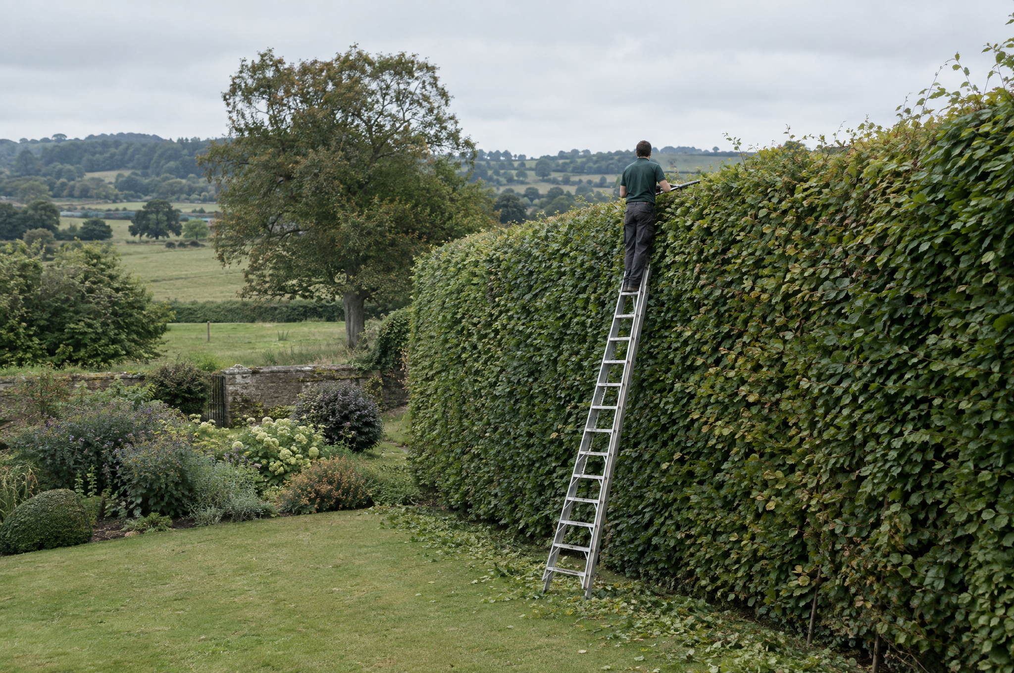 Gardener cutting a tall beech hedge from a platform ladder in a country garden