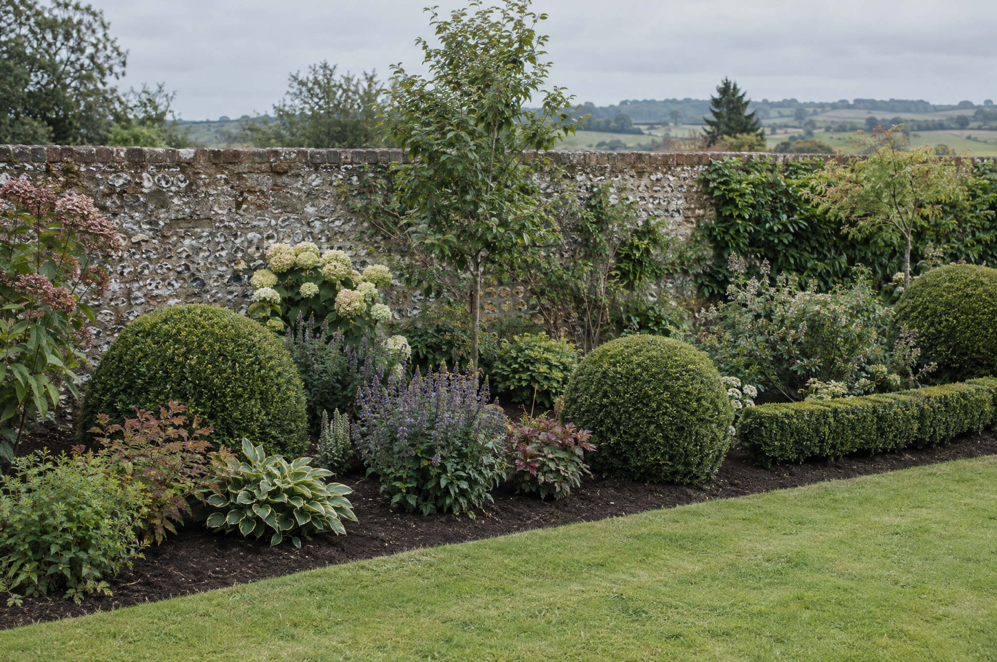 Clean soil between well shaped shrubs and clipped box after weeding