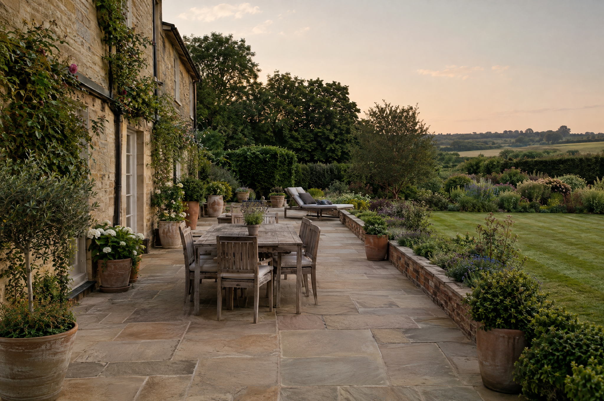 Swept terrace with planted pots back in place in soft evening light