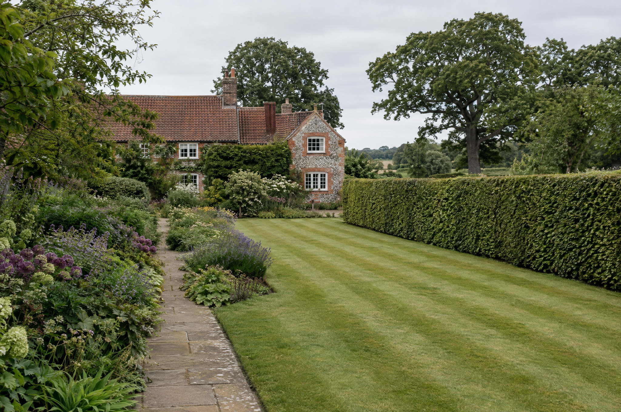 Well kept Suffolk country garden with a striped lawn, clipped beech hedge and a deep mixed border