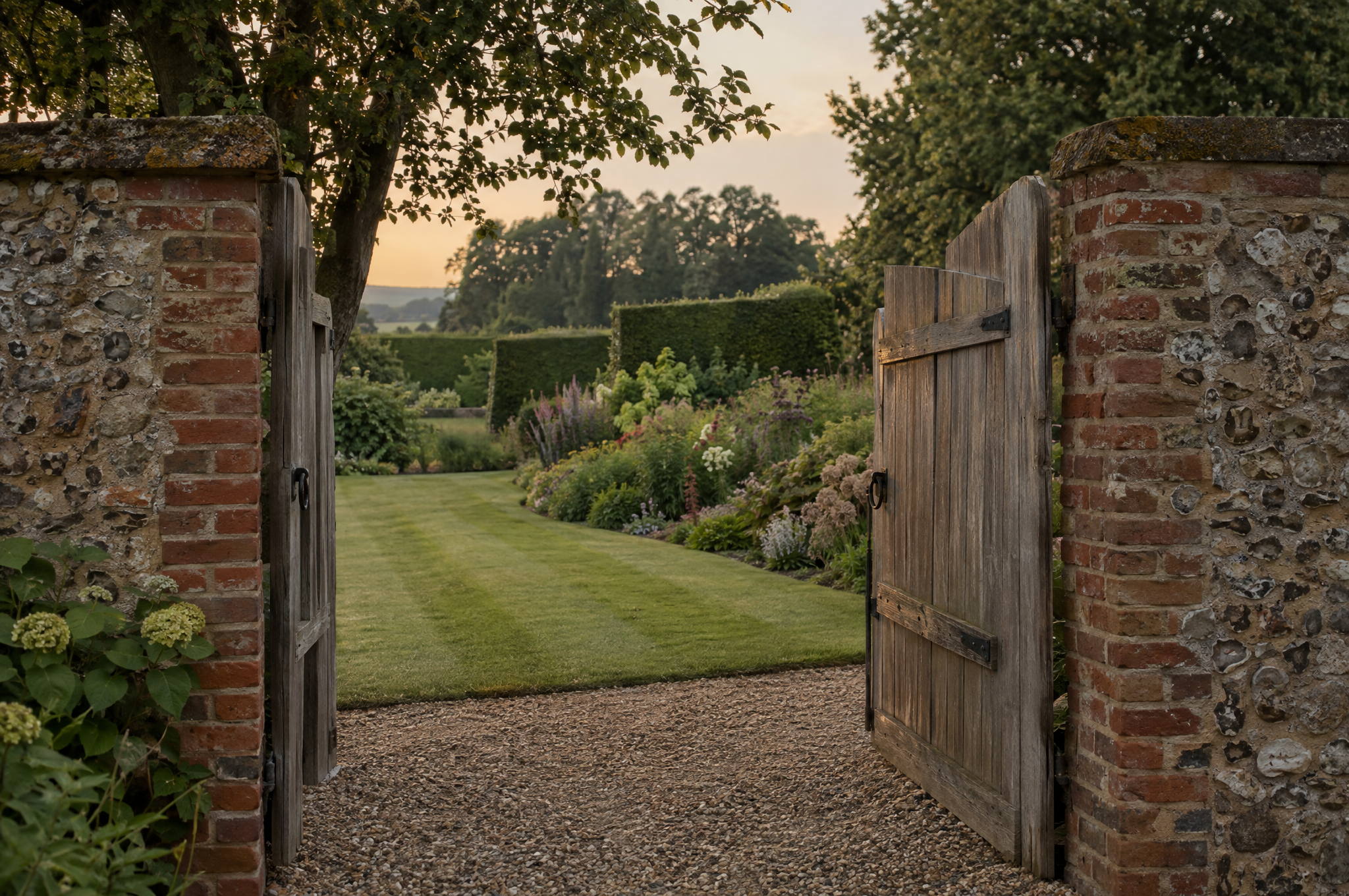 View through an open timber gate in a flint and brick wall into an established Suffolk country garden