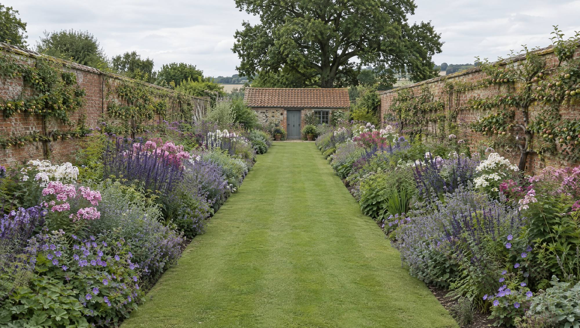 Long grass walk between deep double borders in an old walled Suffolk garden in high summer, with a brick and flint potting shed at the far end