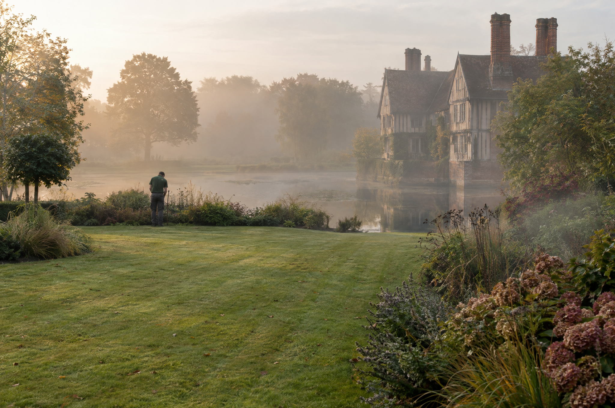 Mown lawn and mixed borders running down to the moat of a timber framed Suffolk hall on a misty autumn morning