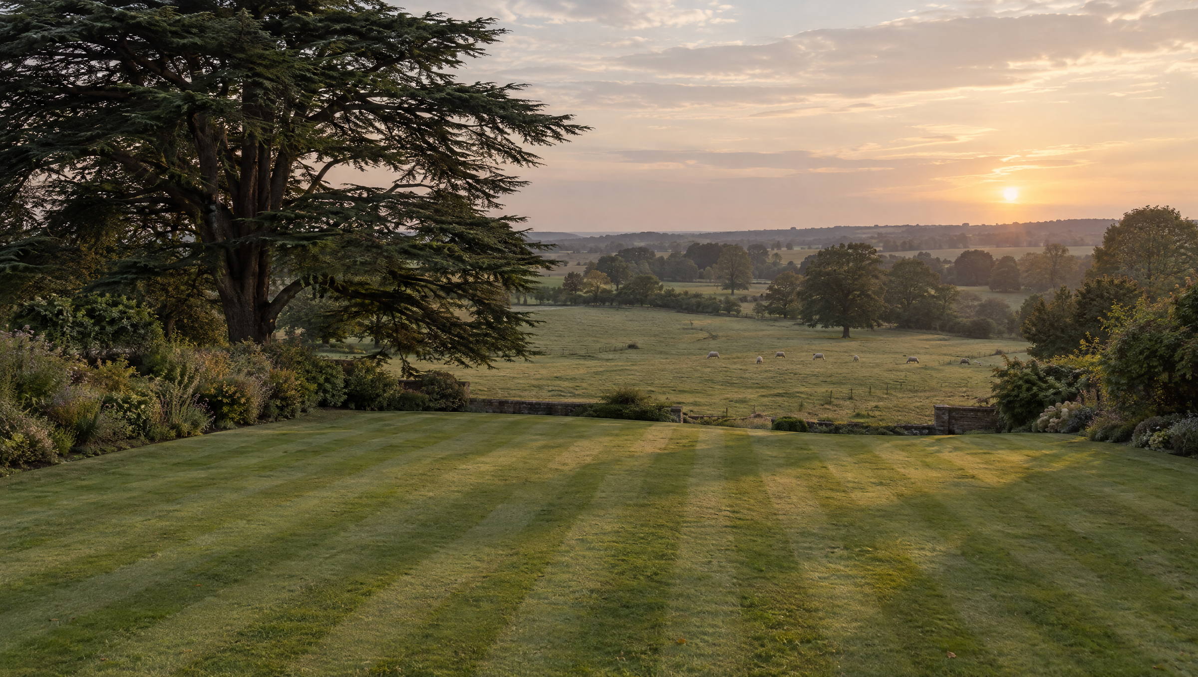 Sweep of striped lawn falling away to a ha-ha with open parkland beyond and a spreading cedar to one side, in low evening light