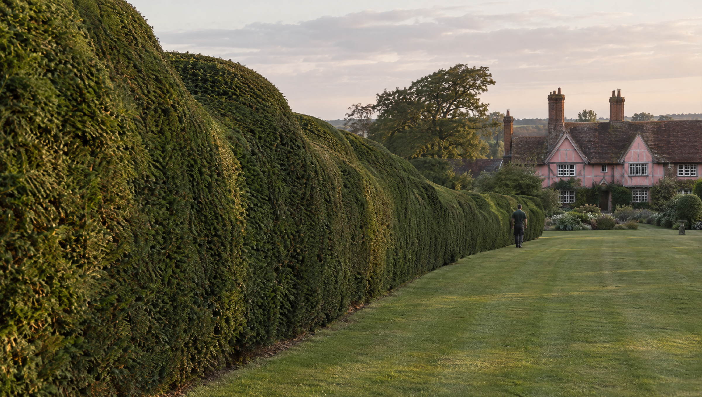 Ancient yew hedge clipped to a long undulating top line beside a wide lawn, running toward a timber framed farmhouse in low golden light