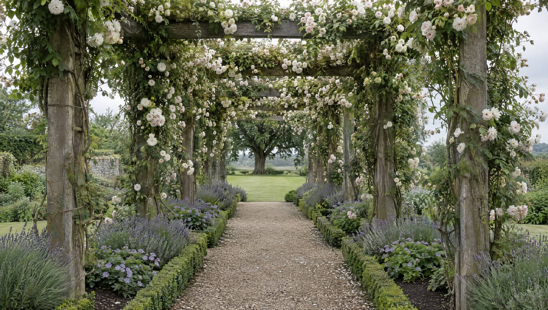 Long rose pergola walk over a gravel path in June, with box edged beds of lavender and hardy geranium freshly weeded either side