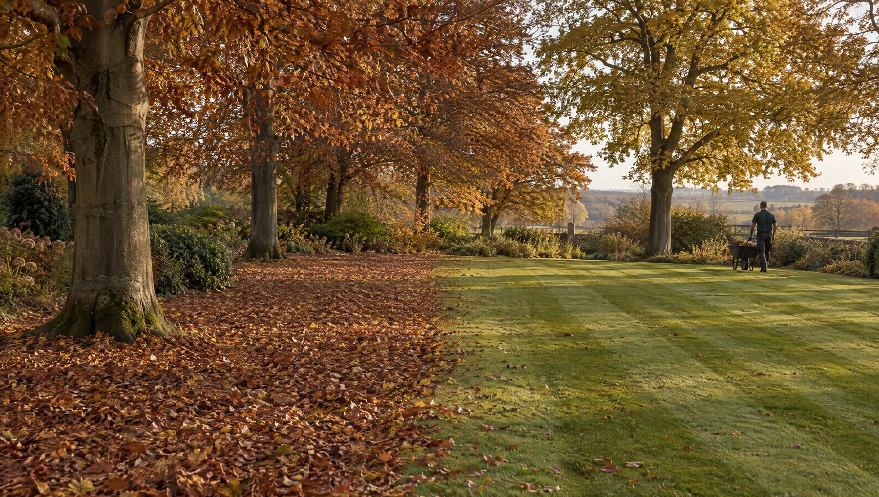 Broad lawn between beech and field maple in full autumn colour, leaves cleared from one side, in low golden late afternoon light
