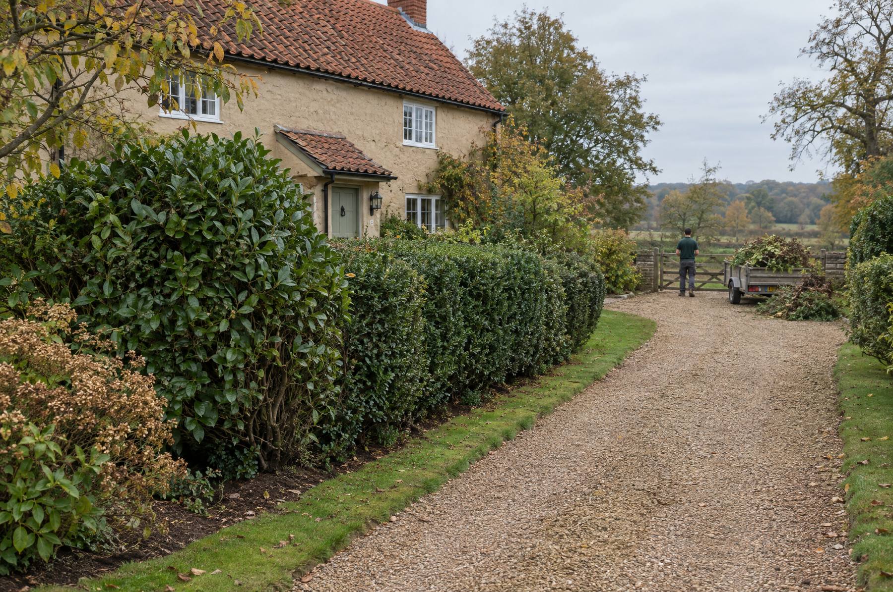 Overgrown shrubbery cut back into shape beside the raked gravel drive of a rendered Suffolk cottage in autumn
