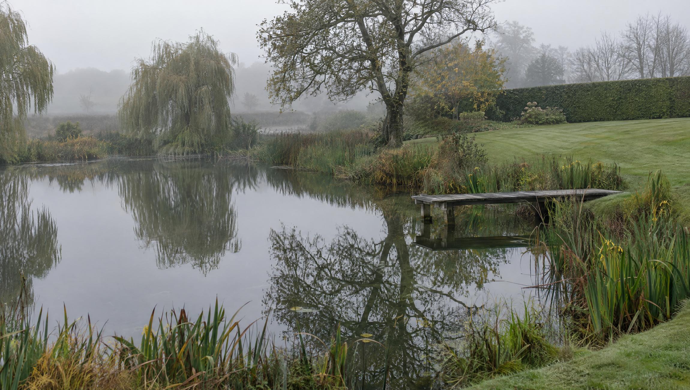 Large wildlife pond with reed and iris margins and a timber jetty at the bottom of a country garden on a still misty morning