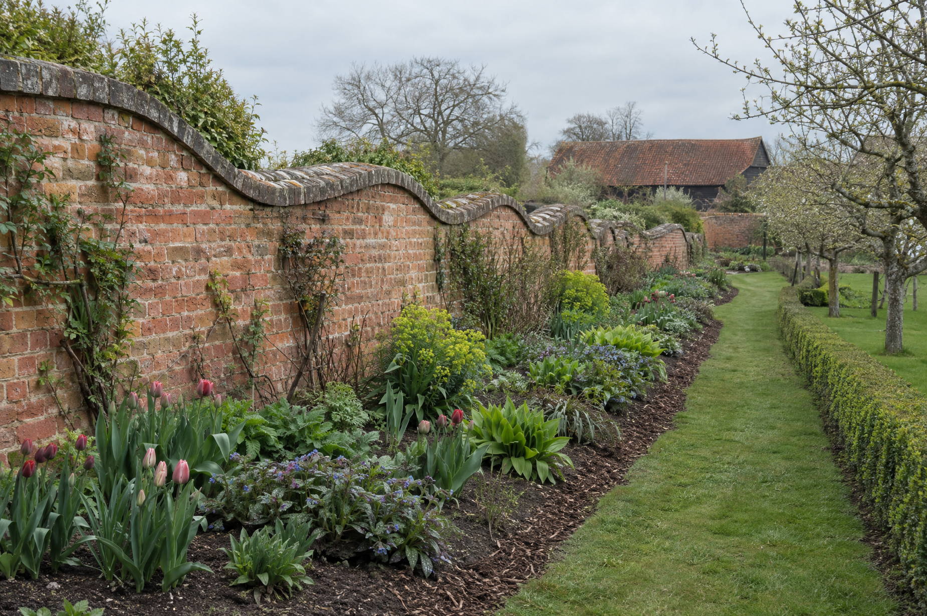 Deep border coming into growth in early spring beside a serpentine brick wall, with tulips and fresh foliage over newly mulched soil