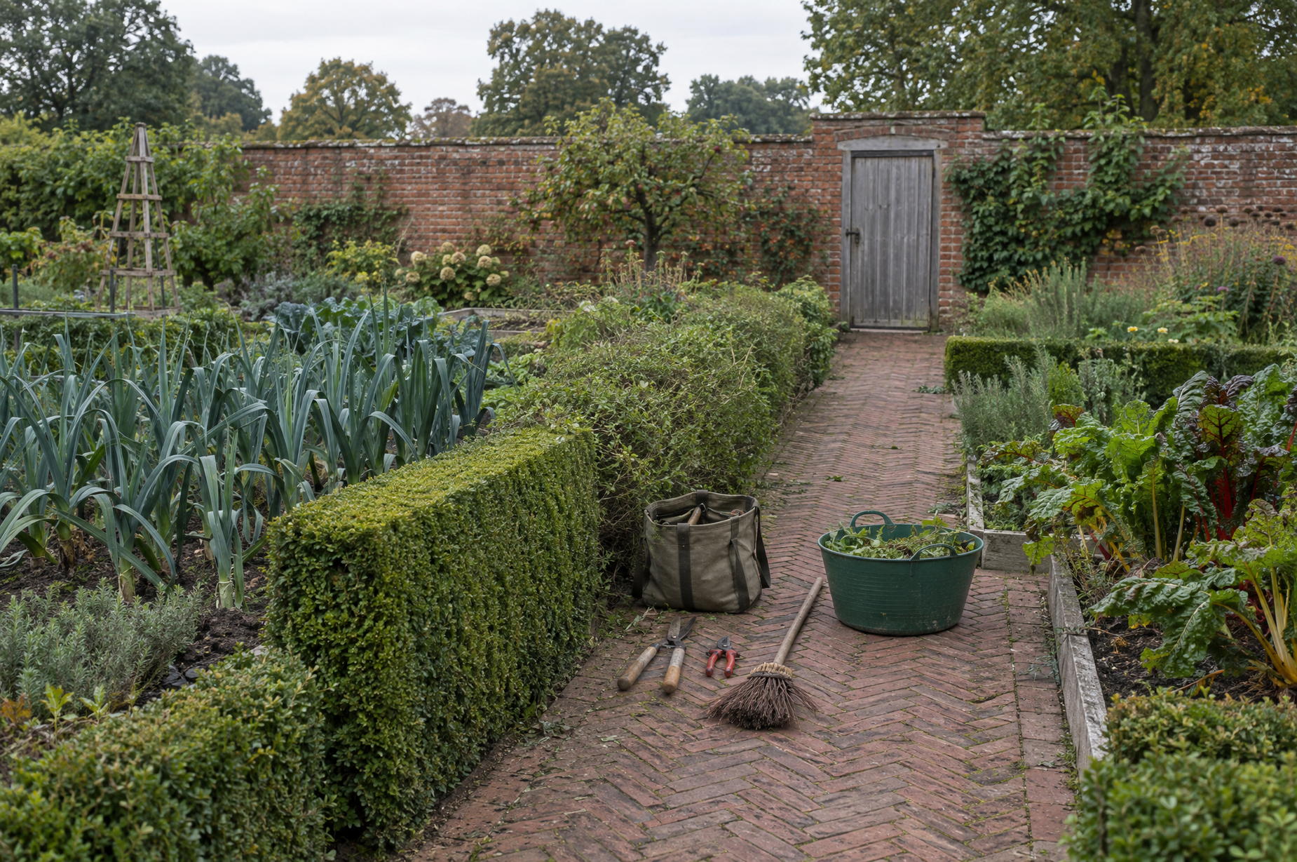 Walled kitchen garden part way through a maintenance visit, with hand tools and a trug set down neatly on the brick path