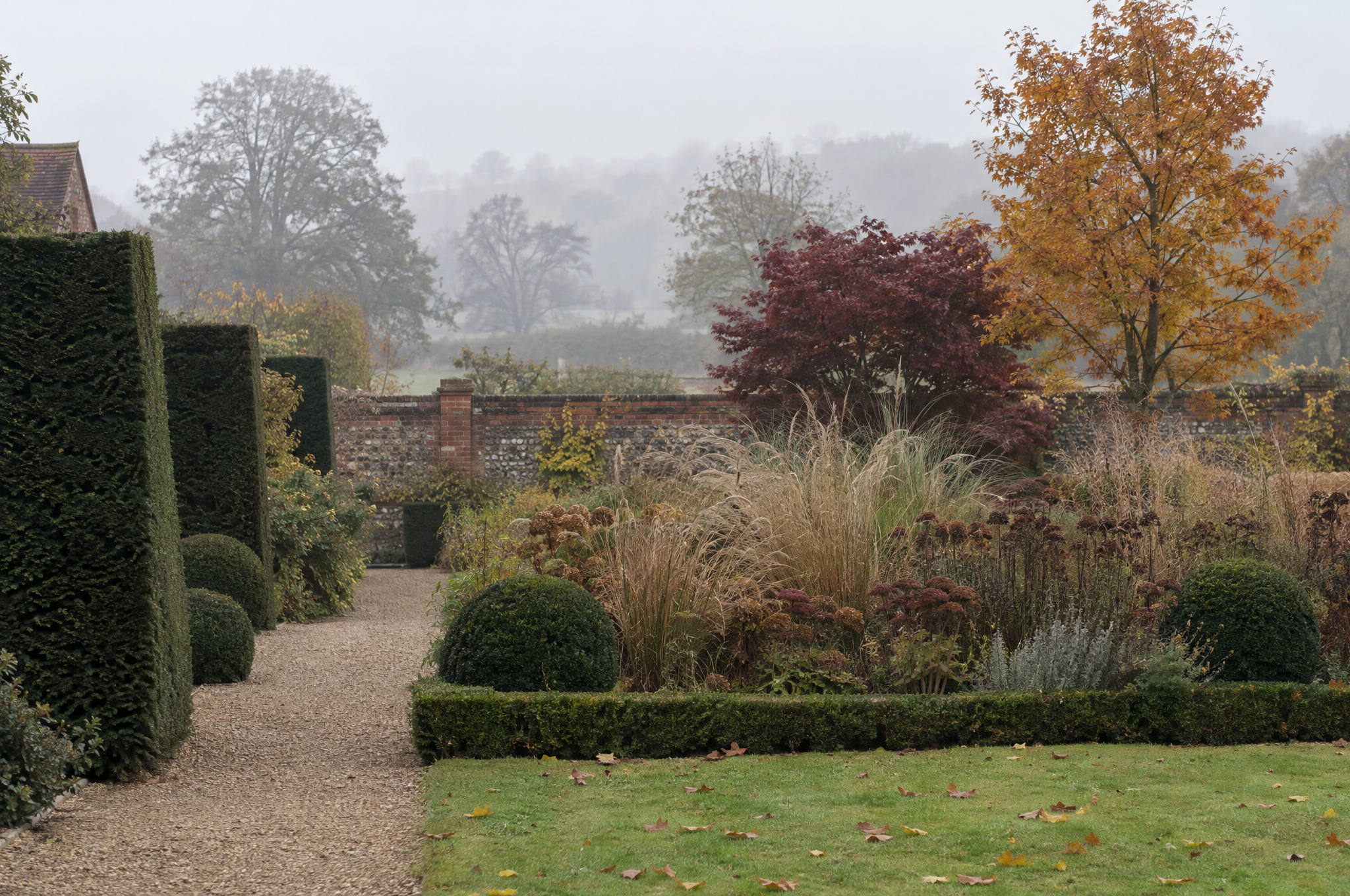 Country garden in late autumn with clipped yew and box holding the structure as the planting turns colour