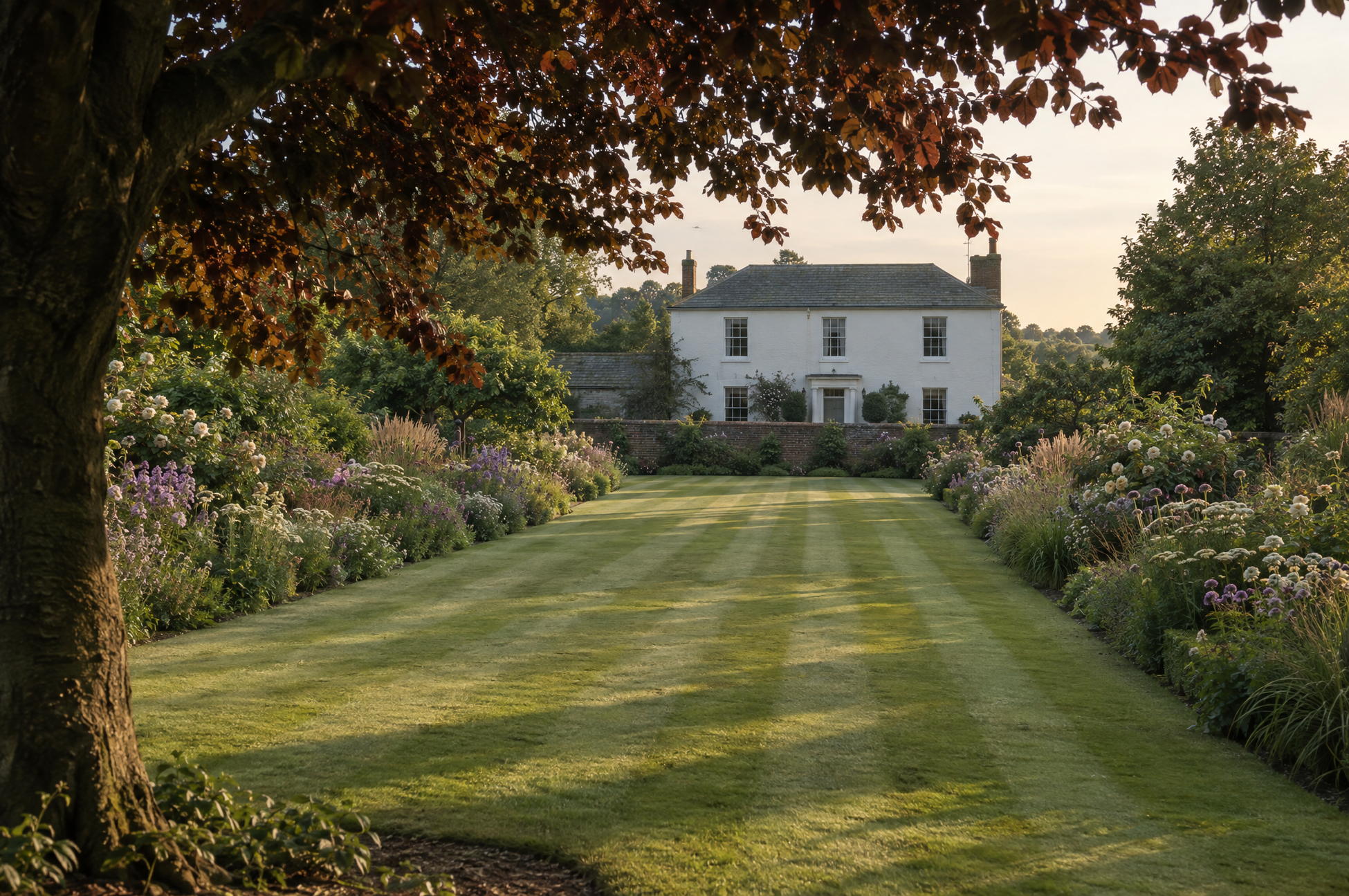 Broad lawn cut with clean stripes in high summer, with deep double borders in full growth either side and a rendered rectory beyond