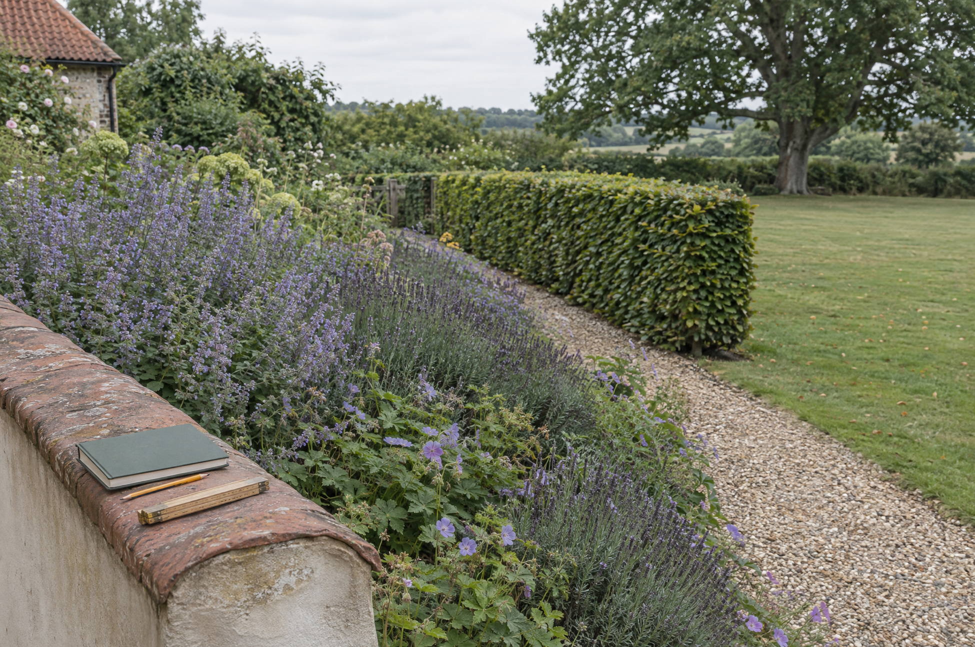 Notebook and folding rule resting on a low garden wall beside a planted border, at the start of a garden assessment