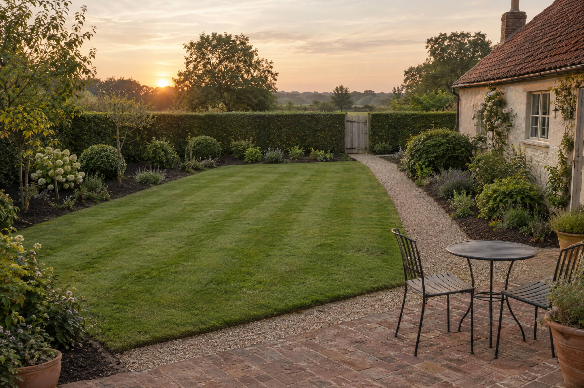 Country cottage garden at the end of a reset, with the lawn cut and edged, beds cleared to clean soil and the terrace swept