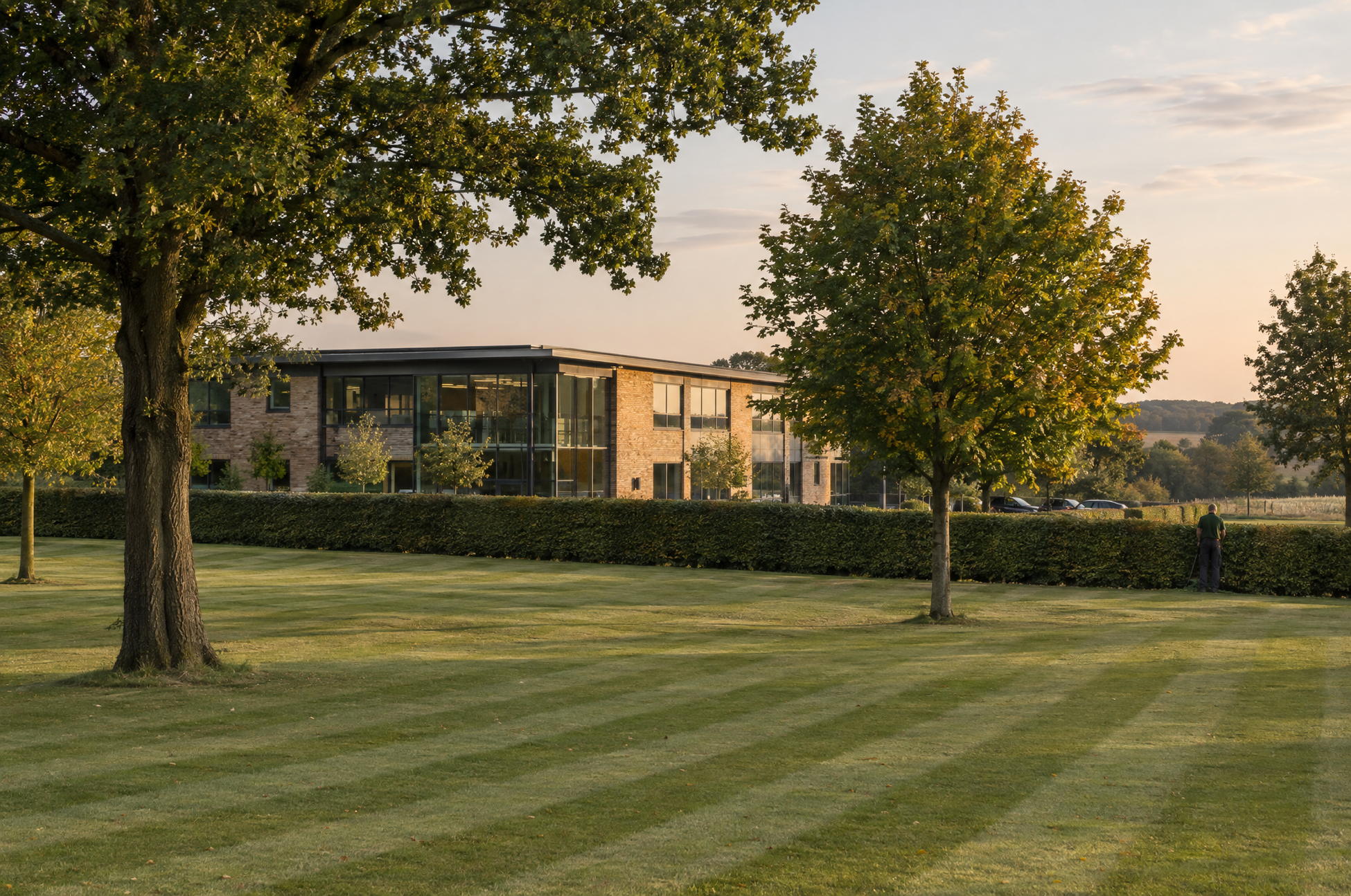 Broad mown lawns and clipped boundary hedging around a low office building set in countryside parkland
