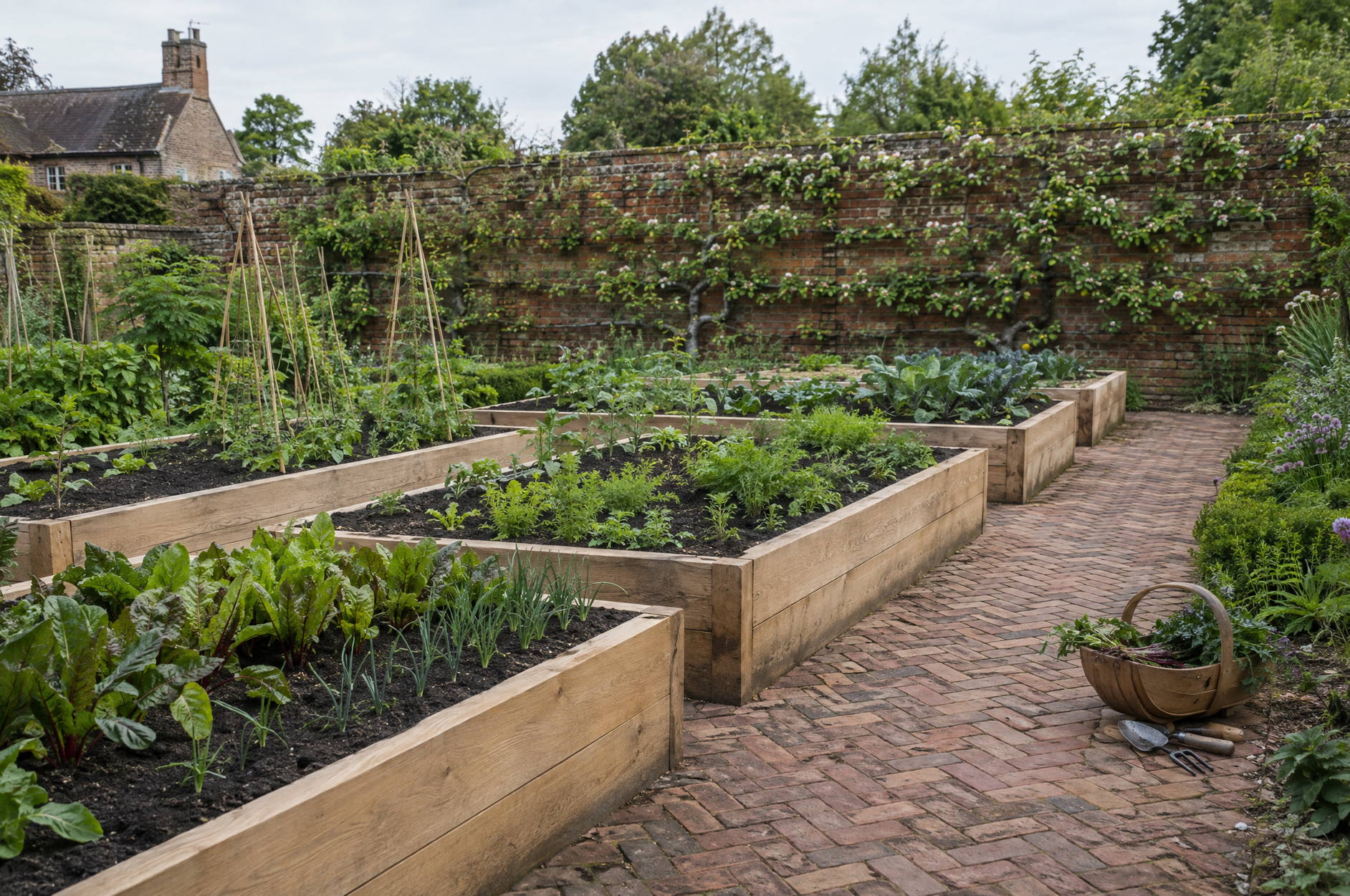 New oak raised beds in a walled kitchen garden, with swept brick paths and espaliered fruit on the old wall