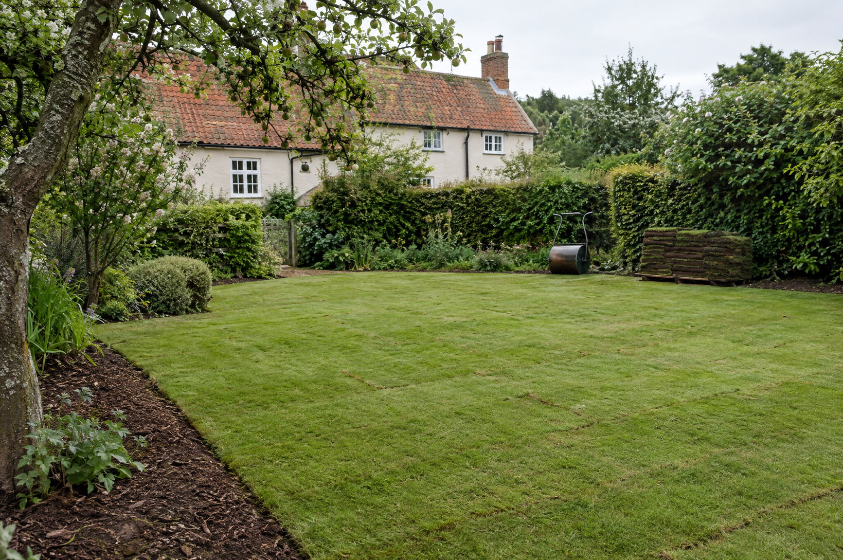 Newly turfed lawn with crisp edges against a mulched border, behind a rendered cottage with a pantile roof