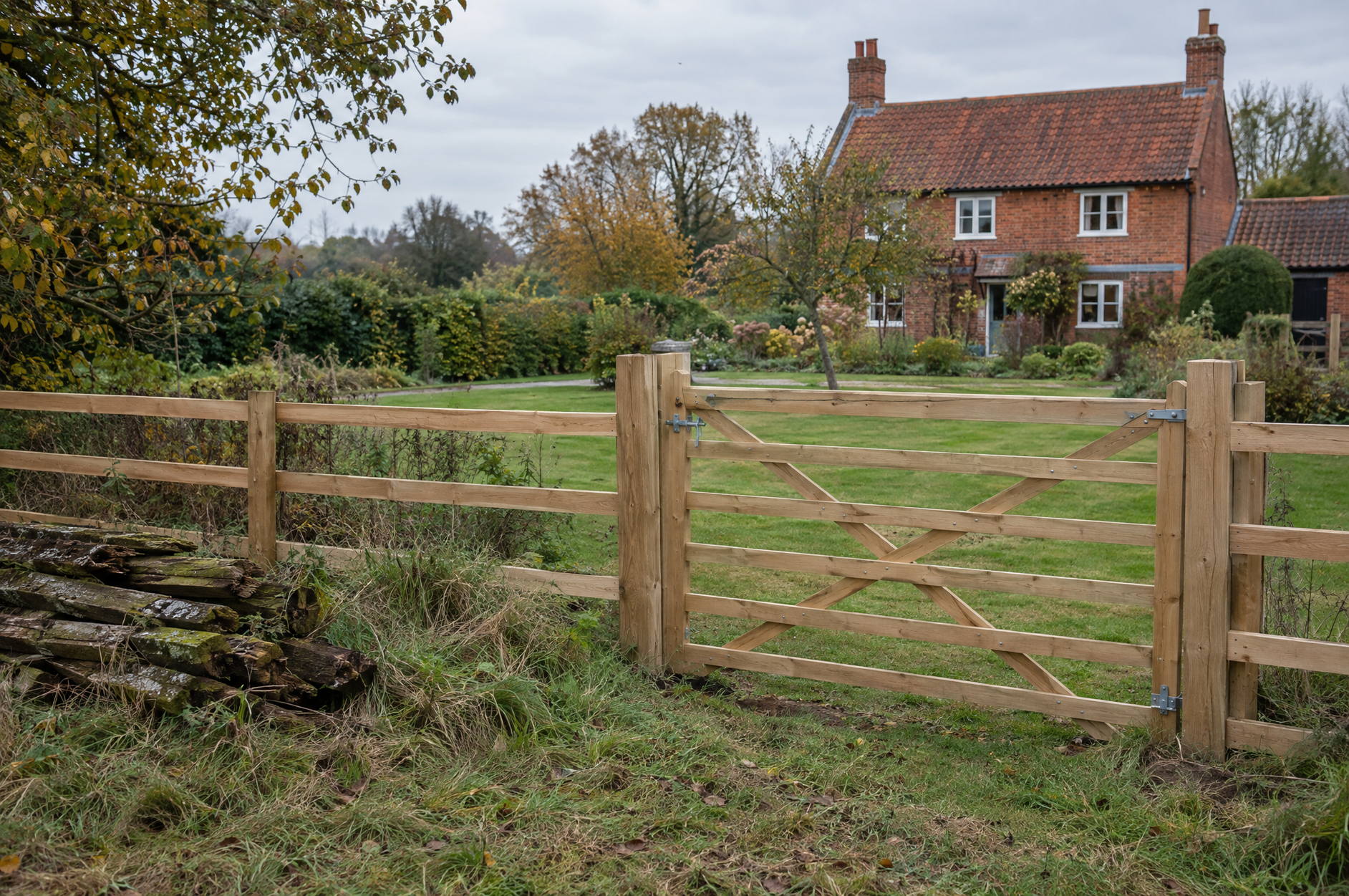 New oak post and rail fence and five bar gate on the boundary of a country garden, with the old posts stacked aside