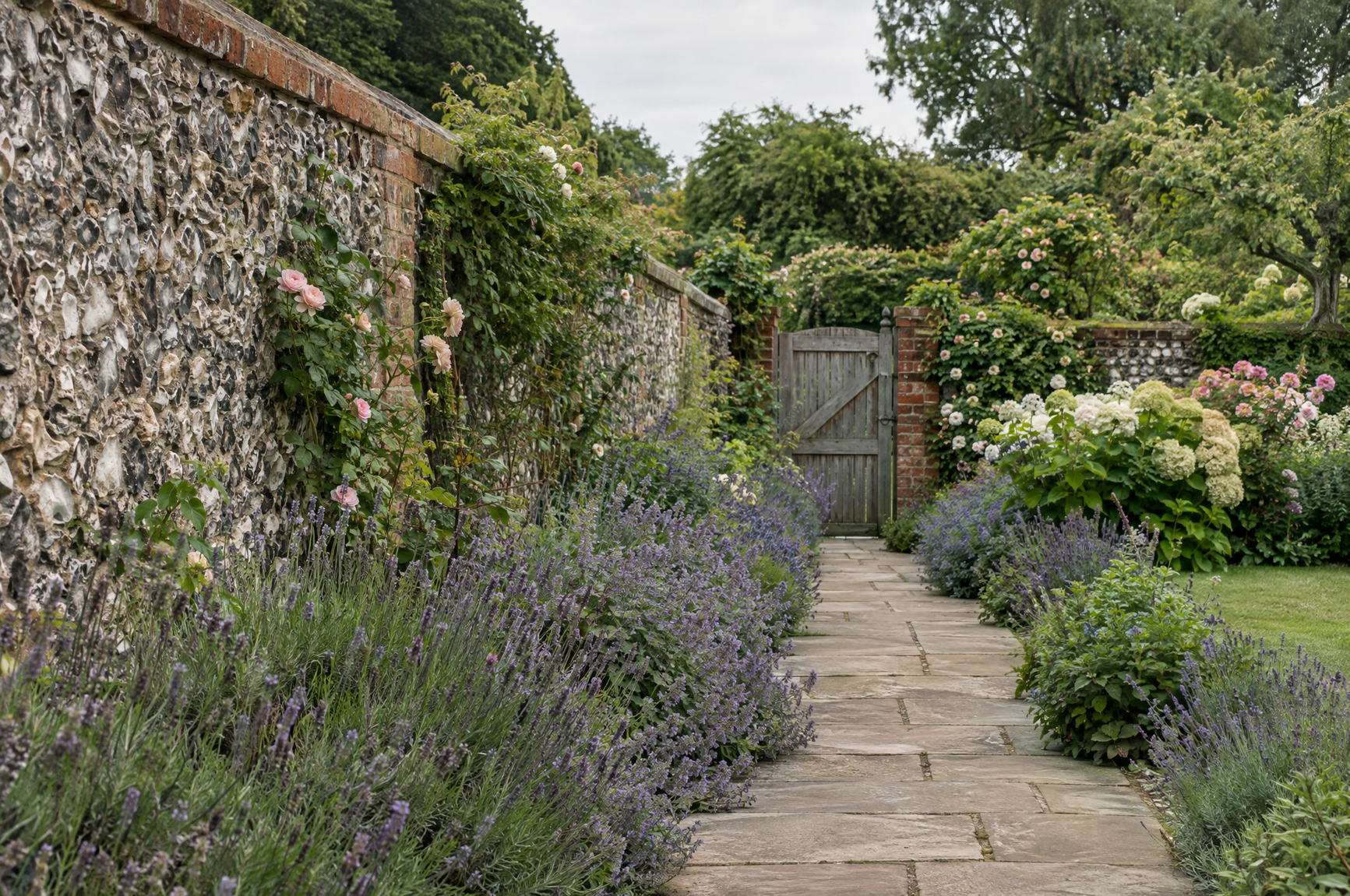 Stone path edged with lavender and nepeta beside a knapped flint and brick wall, leading to a timber gate