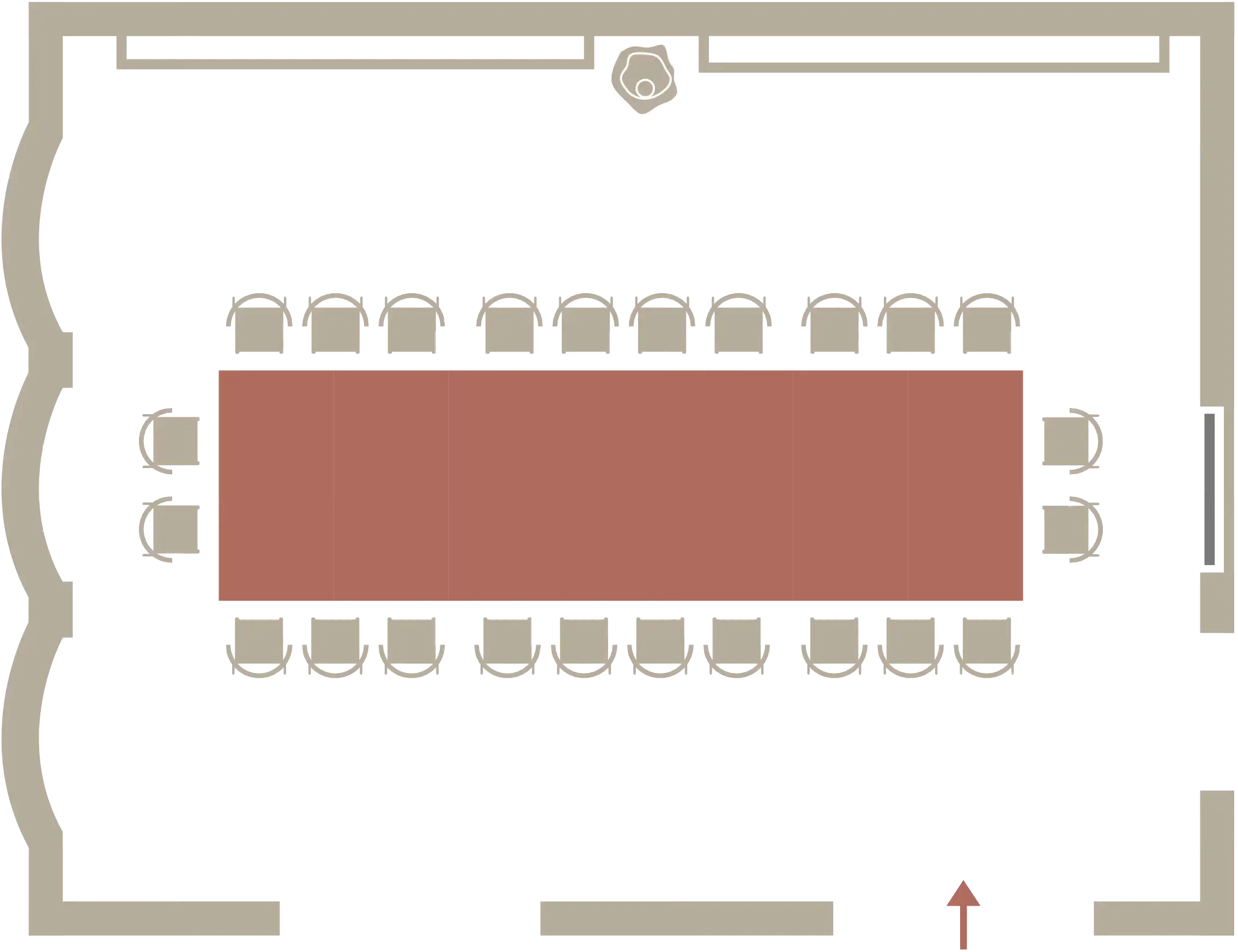 Floor plan of a rectangular meeting room with a large central table surrounded by 22 chairs and entrance marked with an arrow.