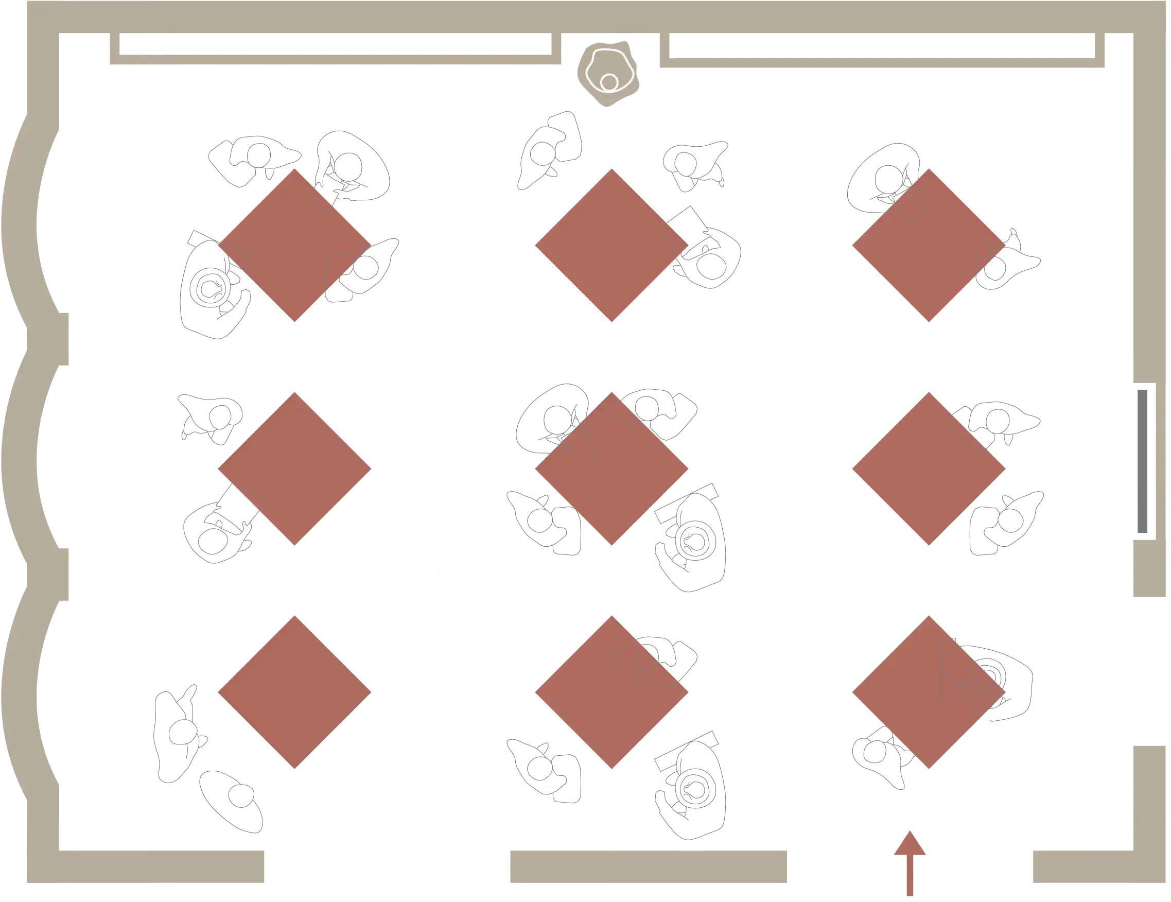 Floor plan showing a room layout with nine square tables, each surrounded by three or four chairs, indicating seating arrangements and two entry/exit points.