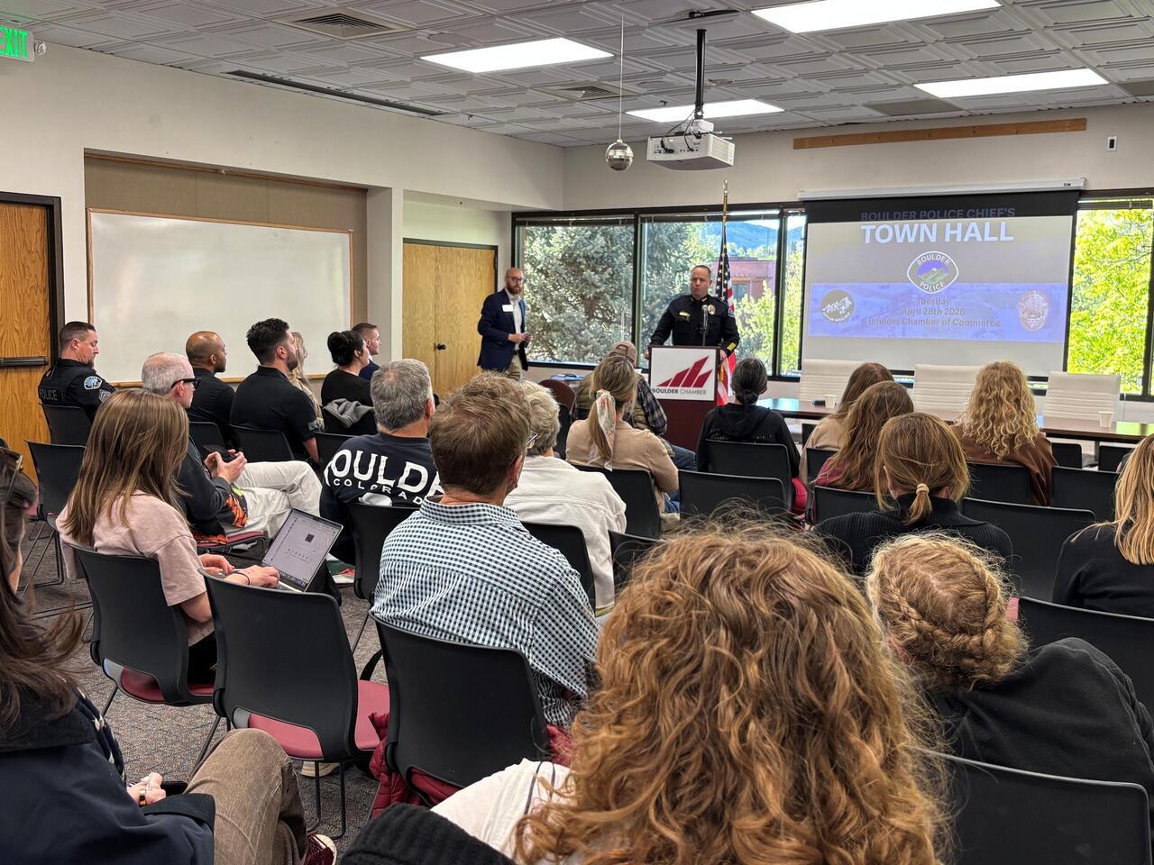 Chief Redfearn speaks during his Second Quarter Town Hall at the Boulder Chamber downtown.