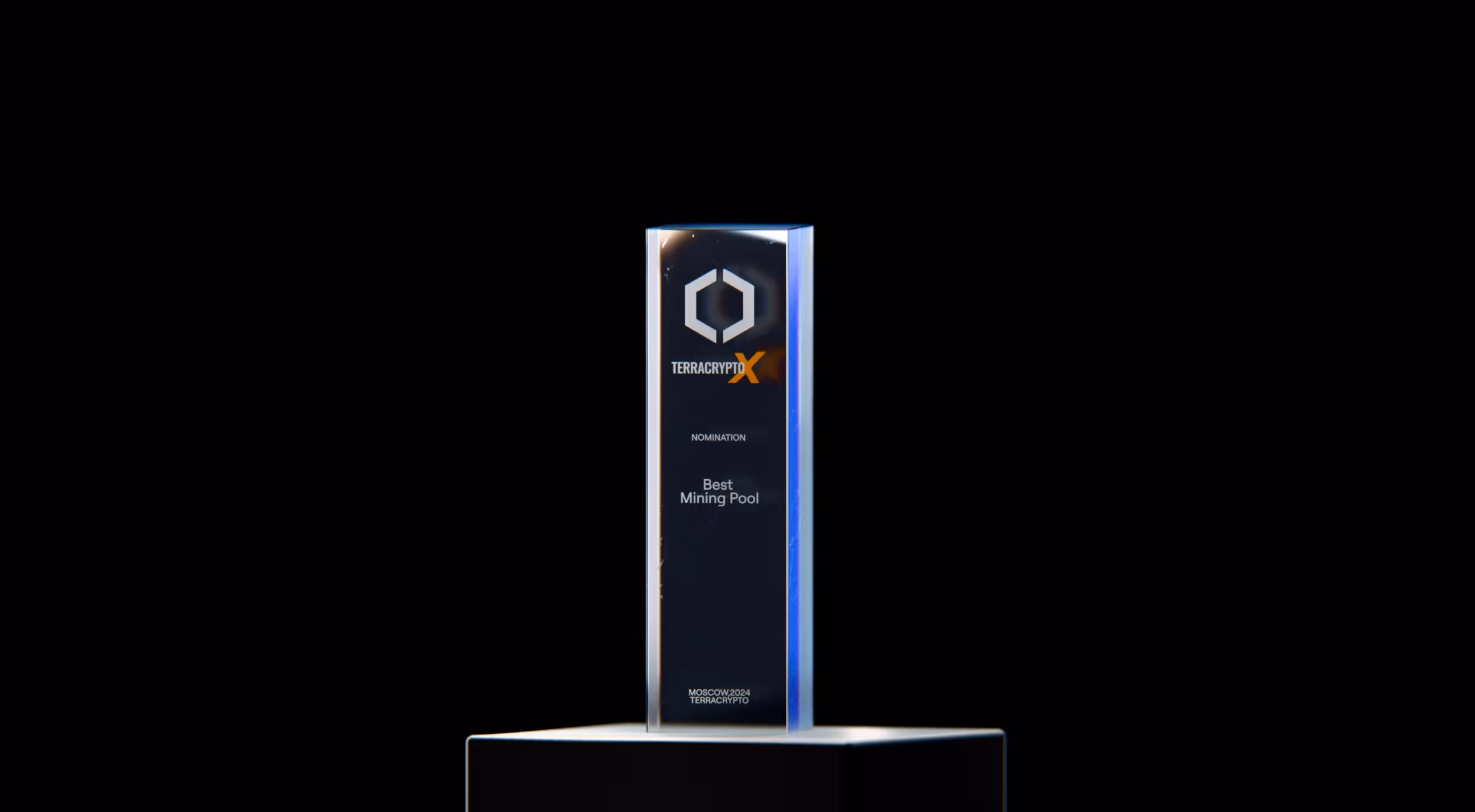 Crystal award trophy for TerraCryptoX nomination, Best Mining Pool, Moscow 2024.