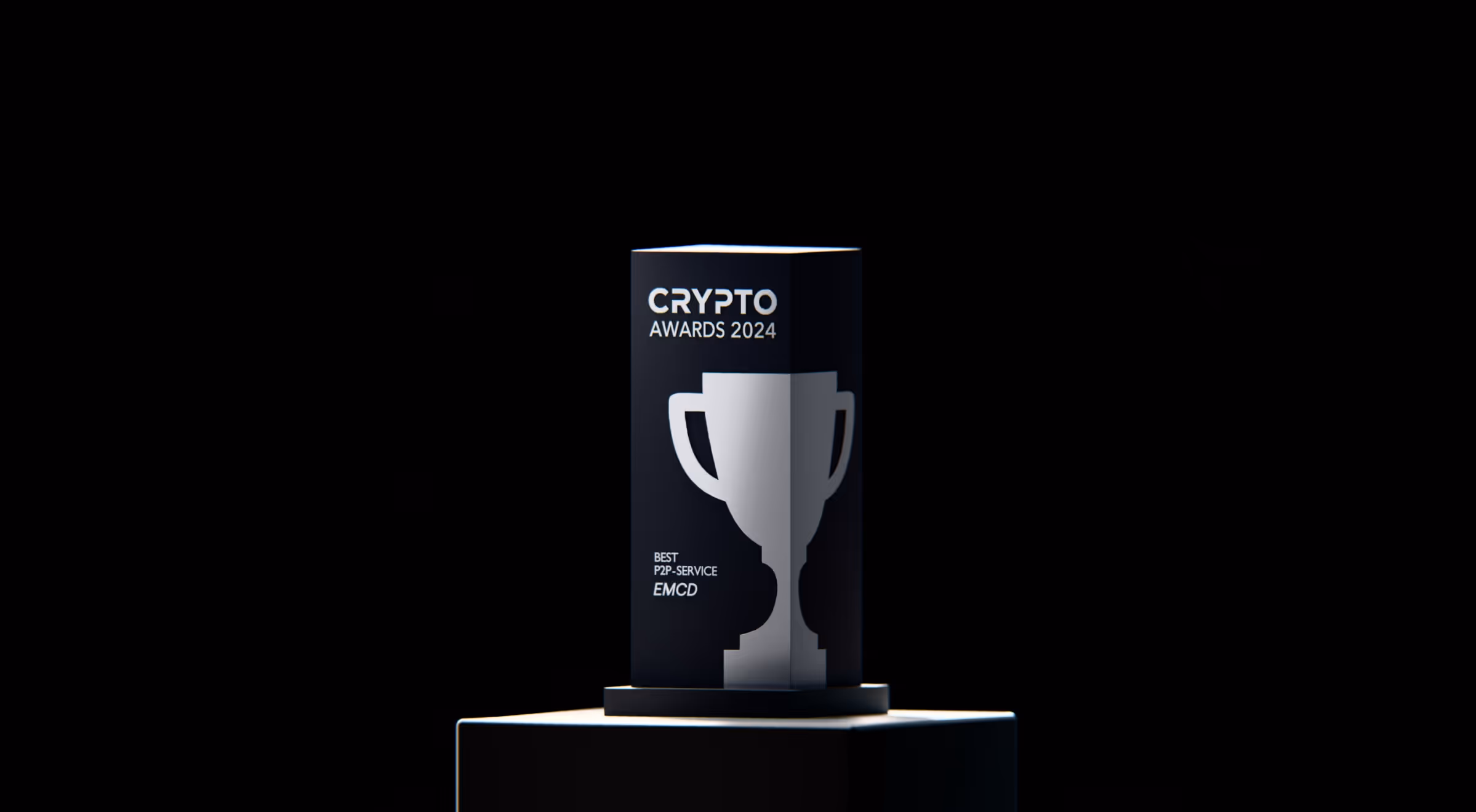 Black trophy with white silhouette of a cup and text reading Crypto Awards 2024 and Best P2P-Service EMCD.