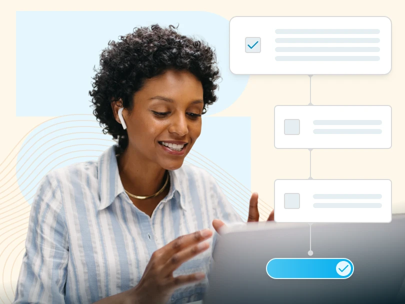 Smiling woman wearing earbuds using a laptop with a digital checklist interface beside her.