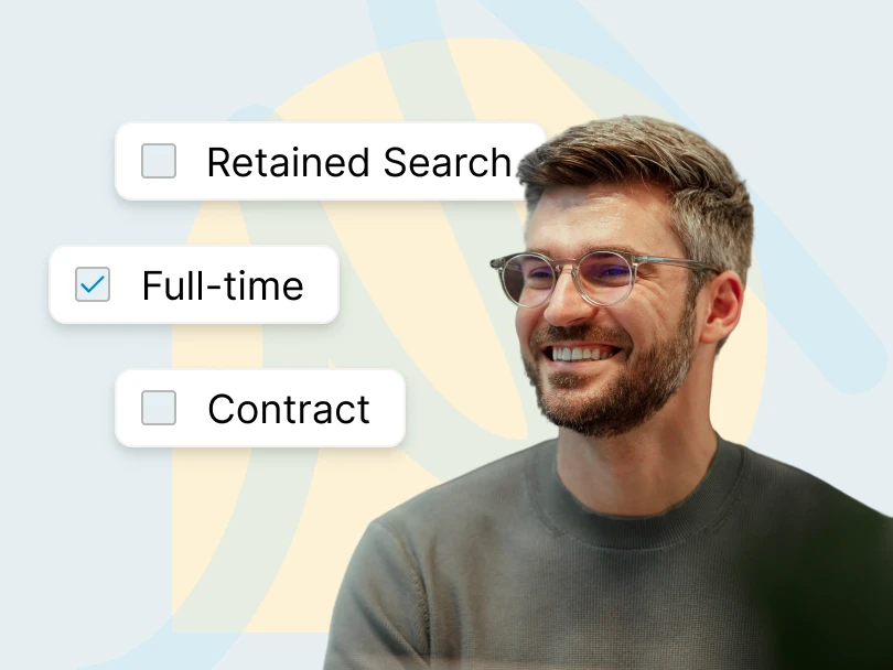 Smiling man with glasses next to selectable options: retained search, full-time checked, contract.