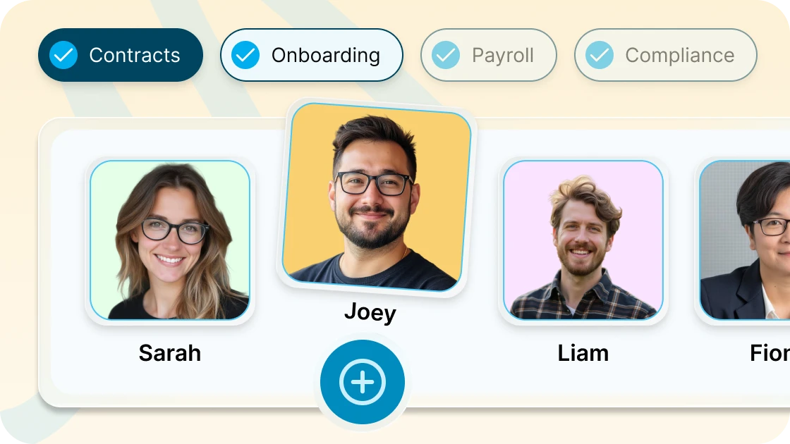 Profile photos of Sarah, Joey, Liam, and Fiona with Contracts and Onboarding selected above.