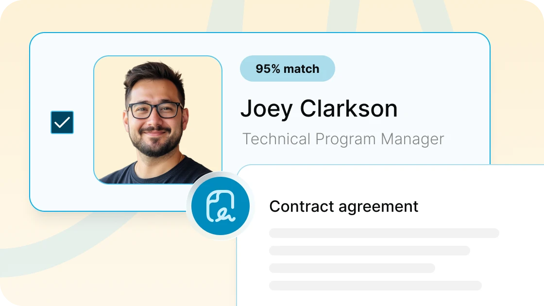 Profile card of Joey Clarkson, Technical Program Manager, with 95% match and contract agreement icon.