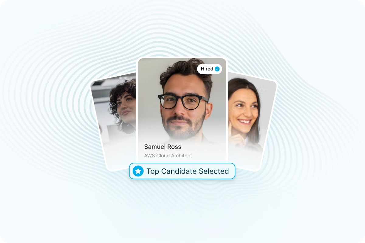Profile card of Samuel Ross, AWS Cloud Architect, marked hired as top candidate selected.