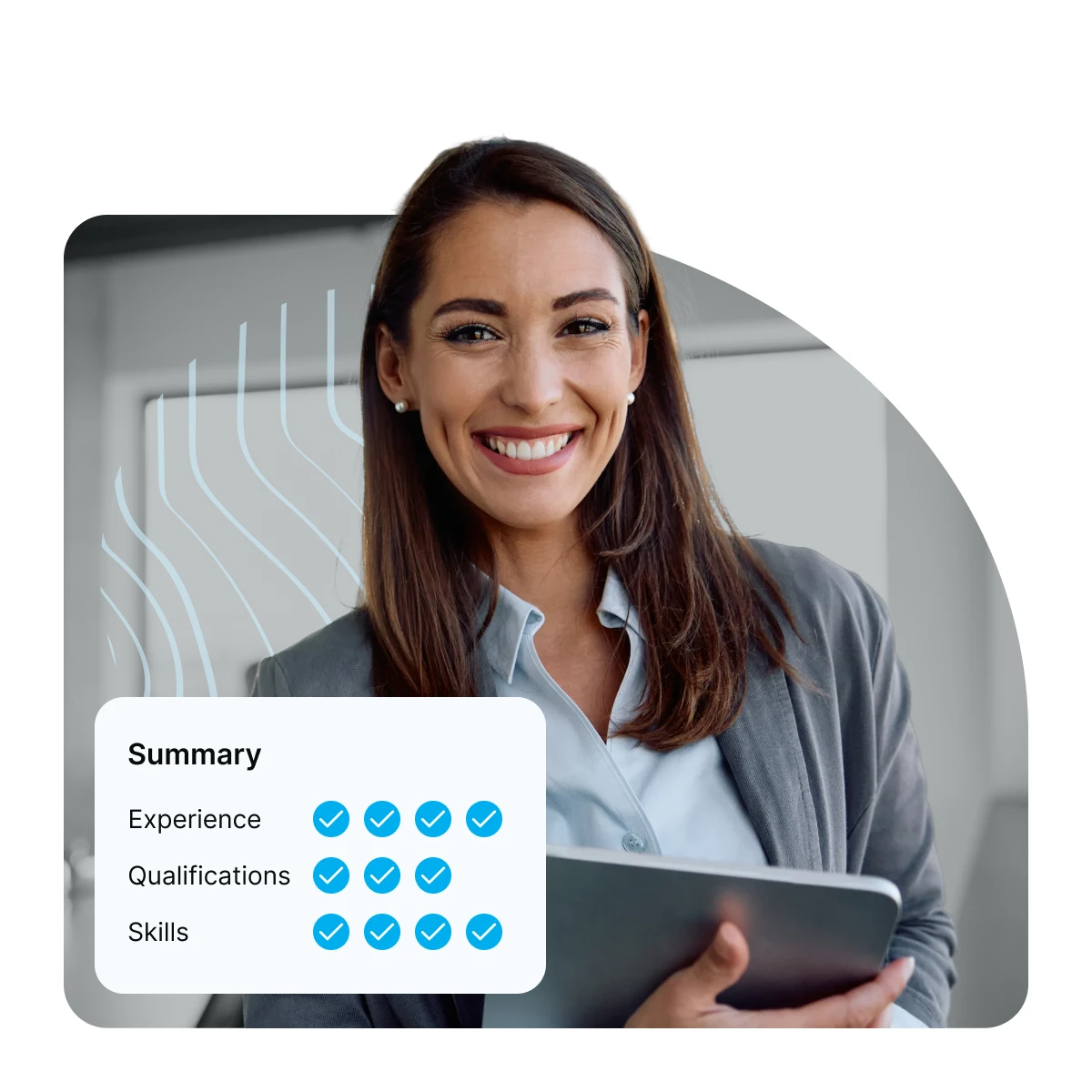 Smiling professional woman holding a tablet with a summary checklist of experience, qualifications, and skills.