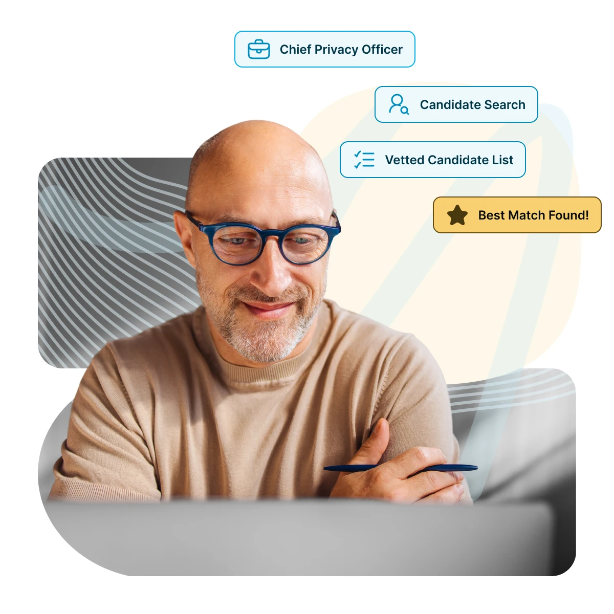 Smiling man with glasses and beige sweater working on a laptop, with hiring process icons around him.