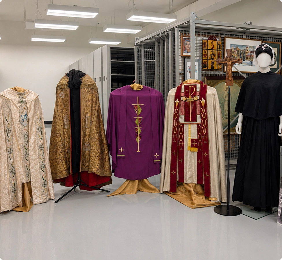 Display of five religious vestments including gold, purple, and black robes with embroidered crosses and religious icons.