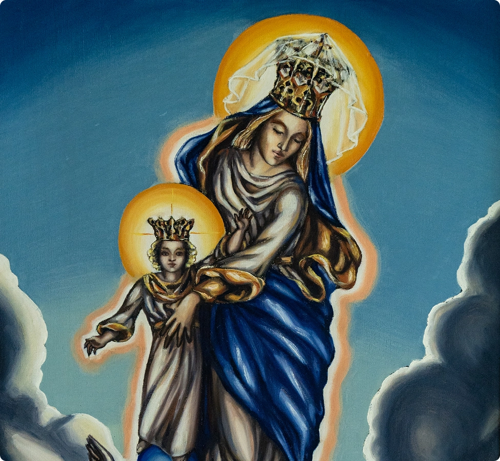 Painting of crowned Virgin Mary with child Jesus, both with halos, surrounded by clouds.
