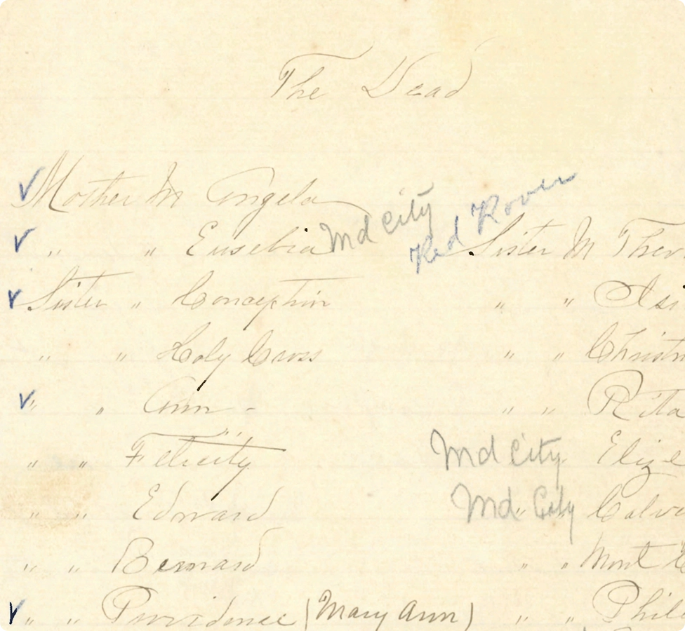 Aged handwritten family list titled 'The Dead' with names and check marks.