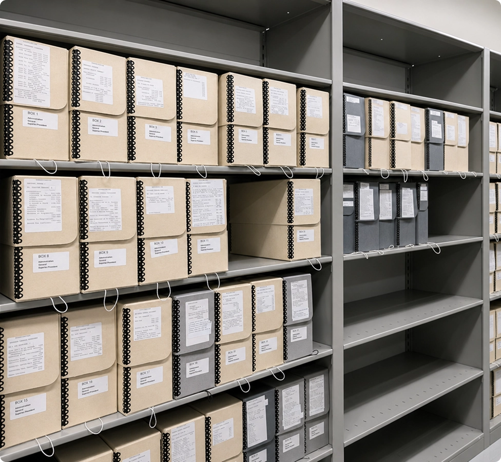 Shelves filled with rows of labeled archival storage boxes in beige and gray.